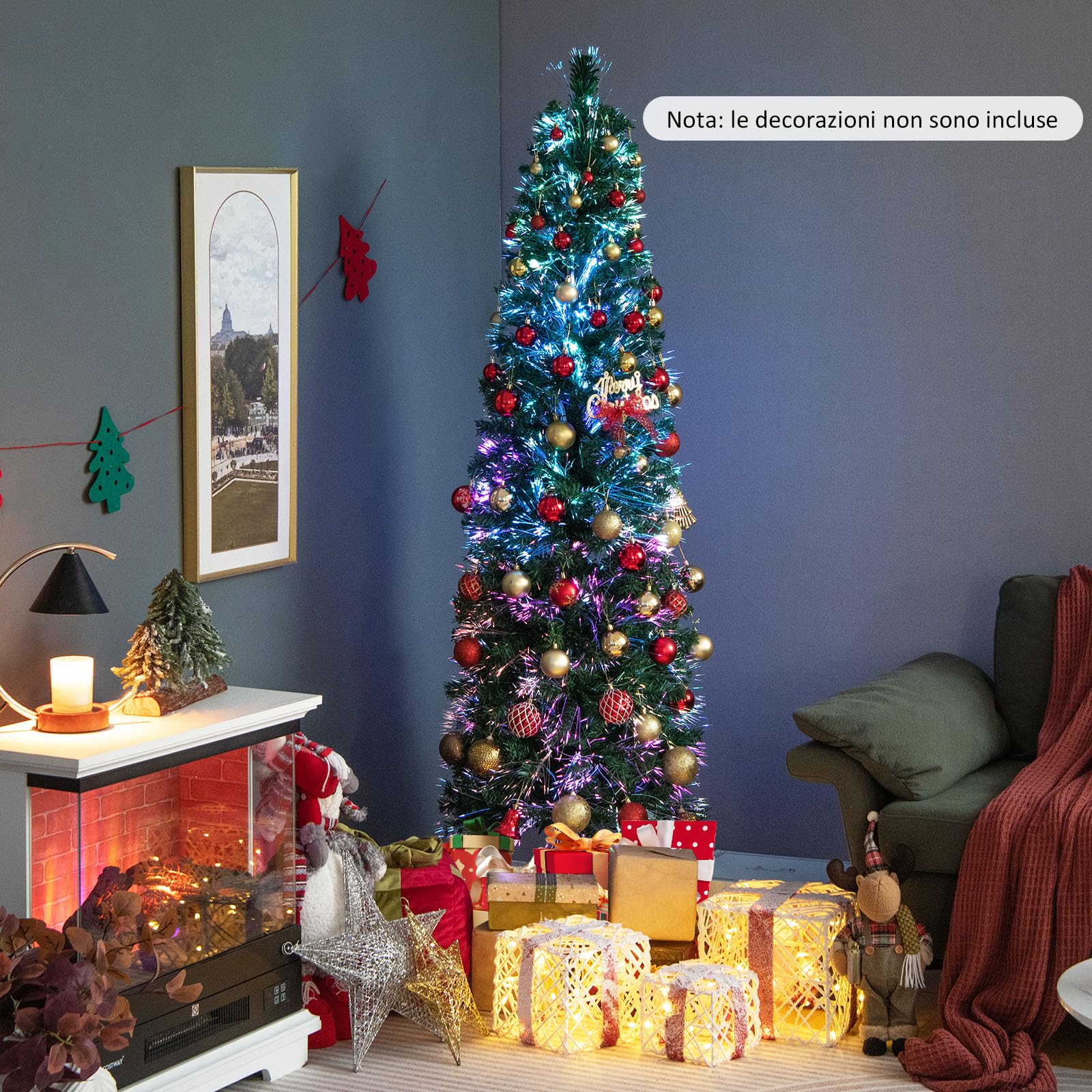 RELAX4LIFE Albero di Natale Artificiale Slim 180cm con Fibre Ottiche, Effetto Realistico e Luci Colorate,Base Pieghevole in Ferro