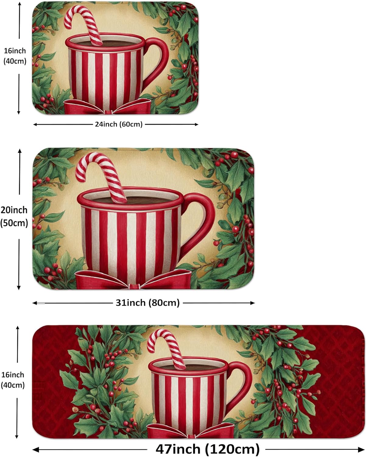 Holiday Kitchen Mats for Floor, Festive Candy Cane and Holly Soft Mats, Cushioned Comfort Washable Non Slip Decor Rugs for Kitchen Sinks Laundryroom Bathroom 3pcs
