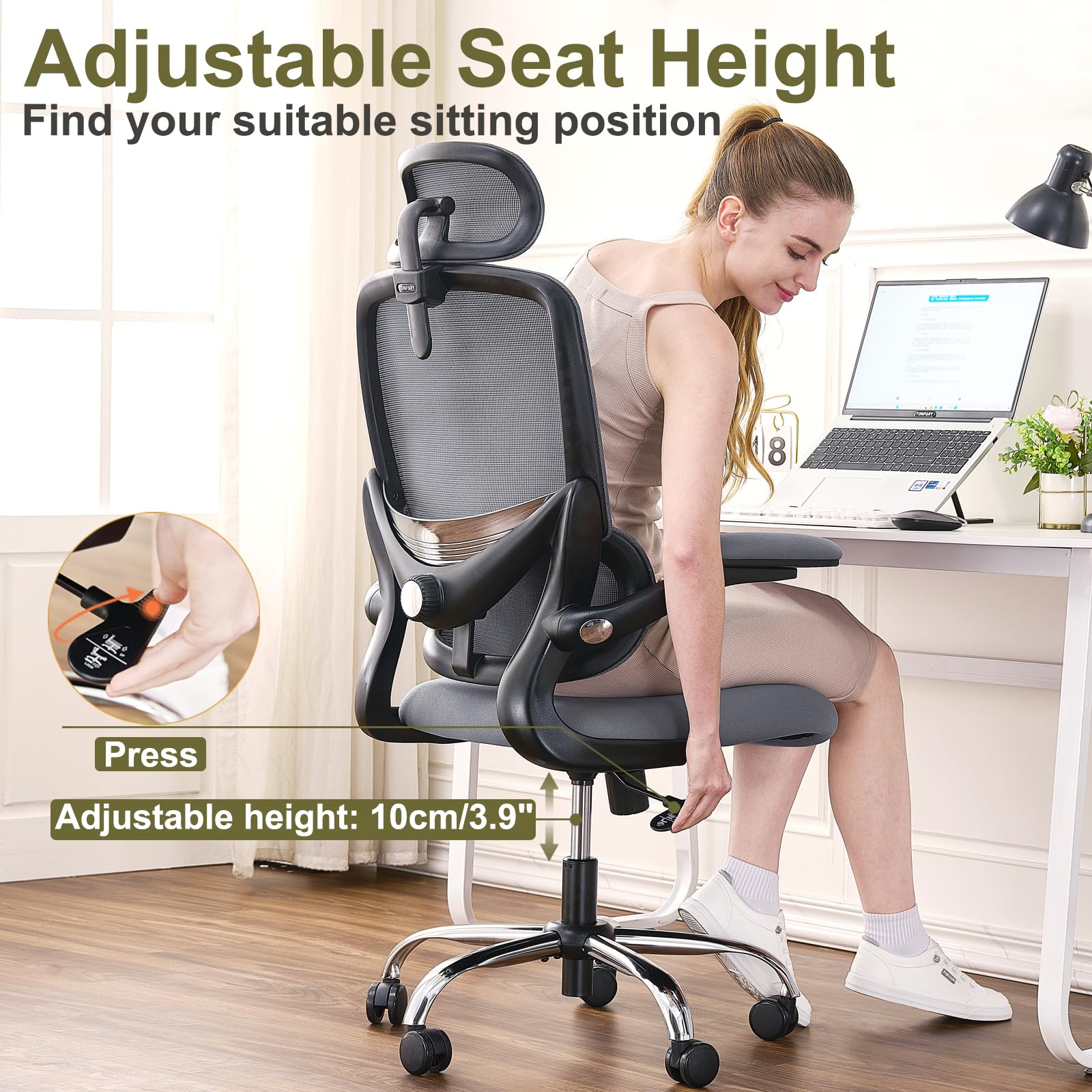 TONFARY Sedia Ergonomica per Ufficio a Casa, Sedia da Scrivania Schienale Alto in Rete, Supporto Lombare Regolabile, Braccioli Ribaltabili, Poggiatesta Rimovibile, Sedia da Gioco Girevole, Salvaspazio