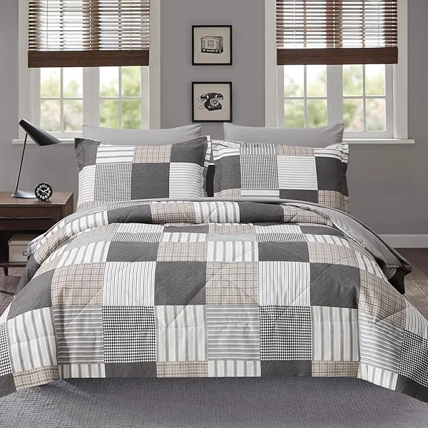 Comforter Set Queen Size Plaid Patchwork Comforter Bedding-7 Piece Bed in a Bag,Soft Fluffy Reversible Microfiber Bedding Set(1 Comforter,1 Flat Sheet,1 Fitted Sheet,2 Pillowcases,2 Pillow Shams),Grey
