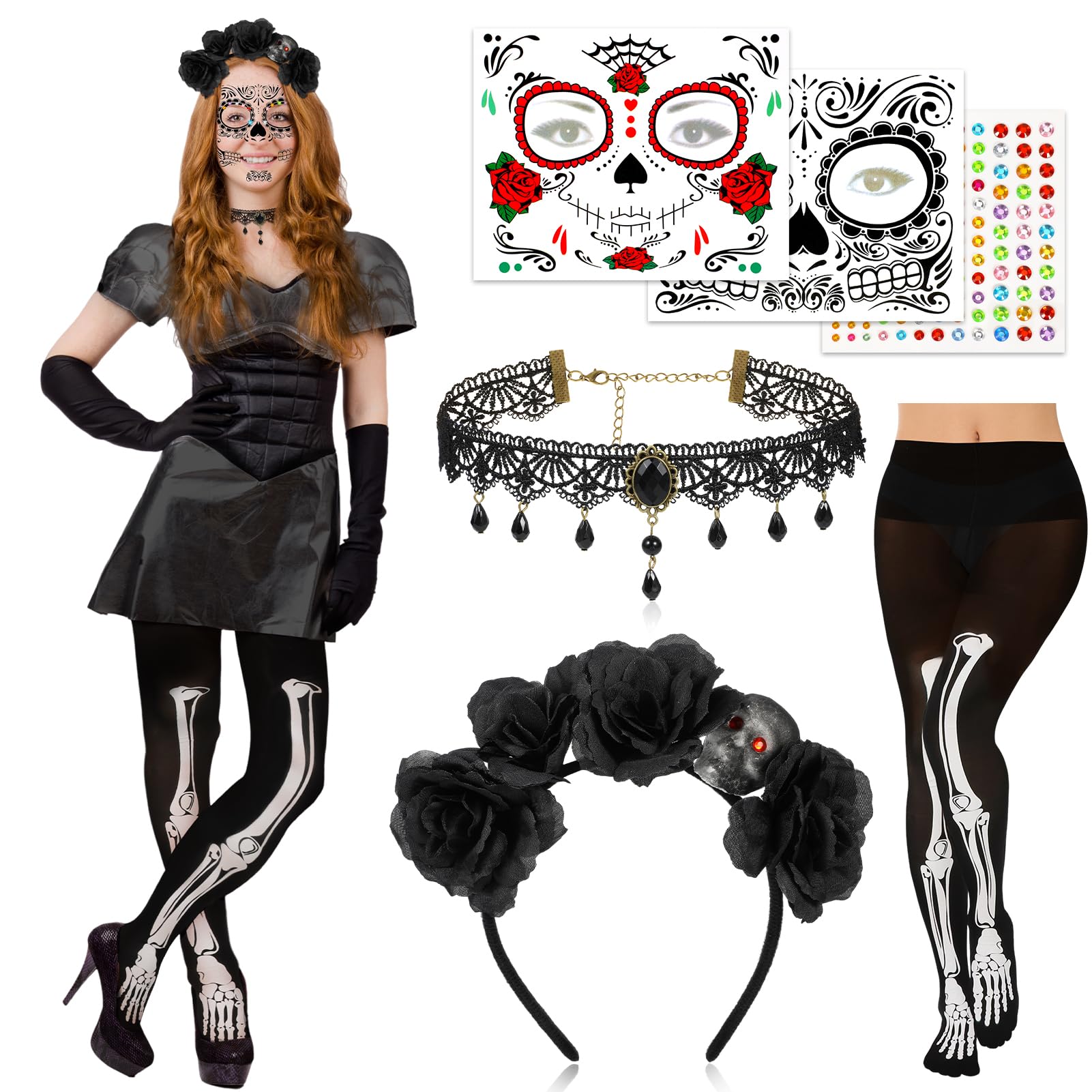 DPKOW Day of the Dead Headband Face Tattoo Gems Skeleton Tights Necklace Day of the Dead Costume Accessories Women