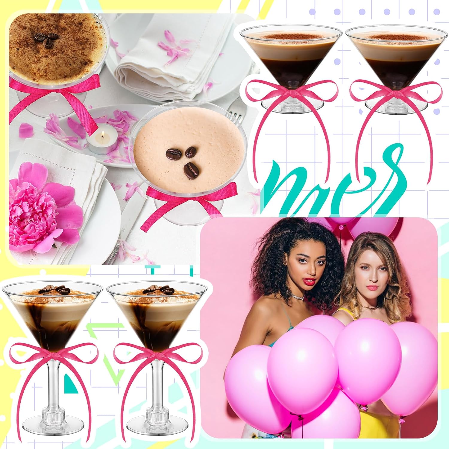 Rtteri 36 Pcs Hot Pink Disposable Plastic Espresso Martini Cups Bulk Pink Birthday Party Decor 5 oz a Tini Bit Older Party Supplies Cups with Ribbon Wedding Bachelorette Bridal Shower Decoration