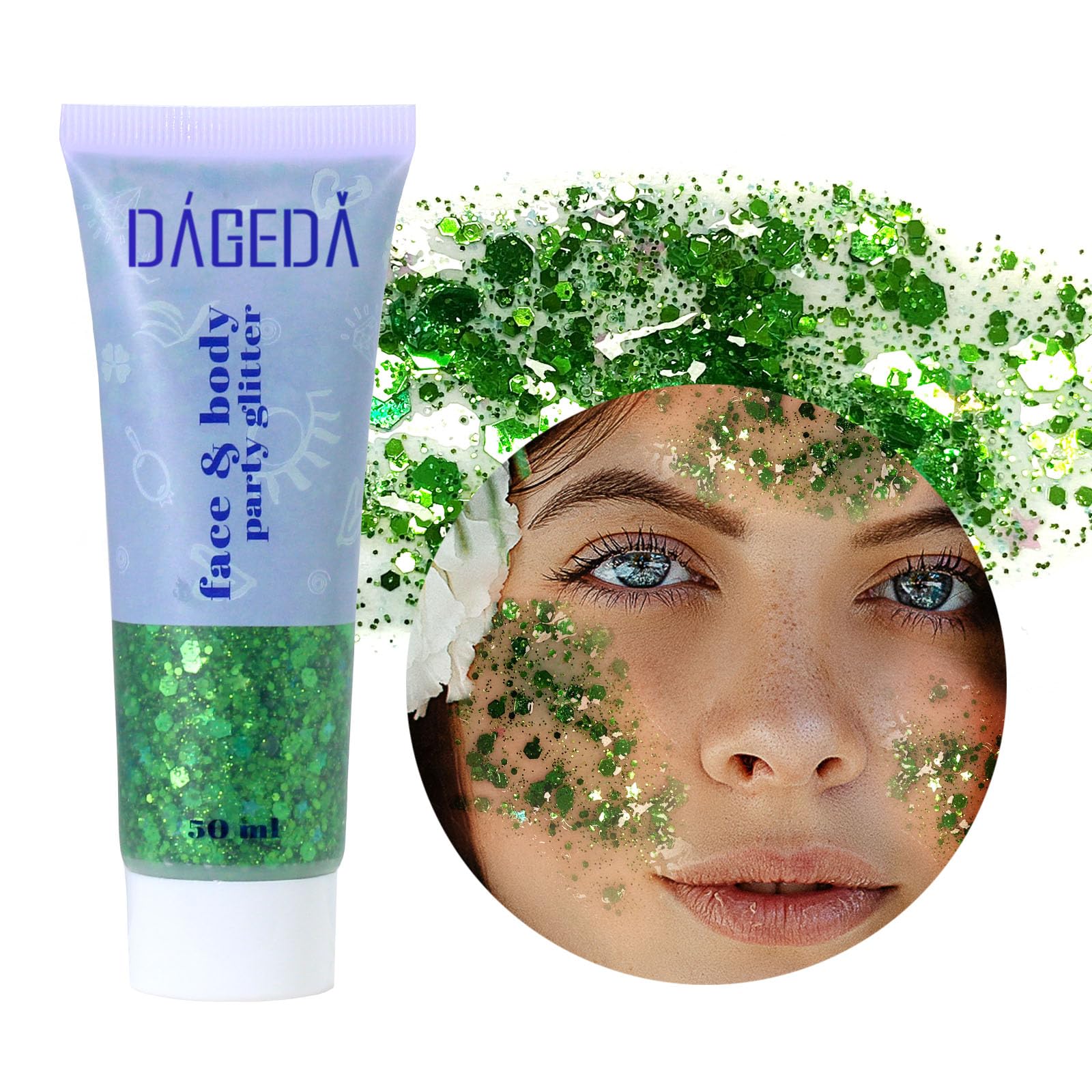 DAGEDA Green Body Glitter Gel, St Patricks Day Face Glitters Body Sequins Shimmer, Chunky Glitter for Face Hair Nails, Mardi Gras Decorations Festival Glitter Makeup 50ml