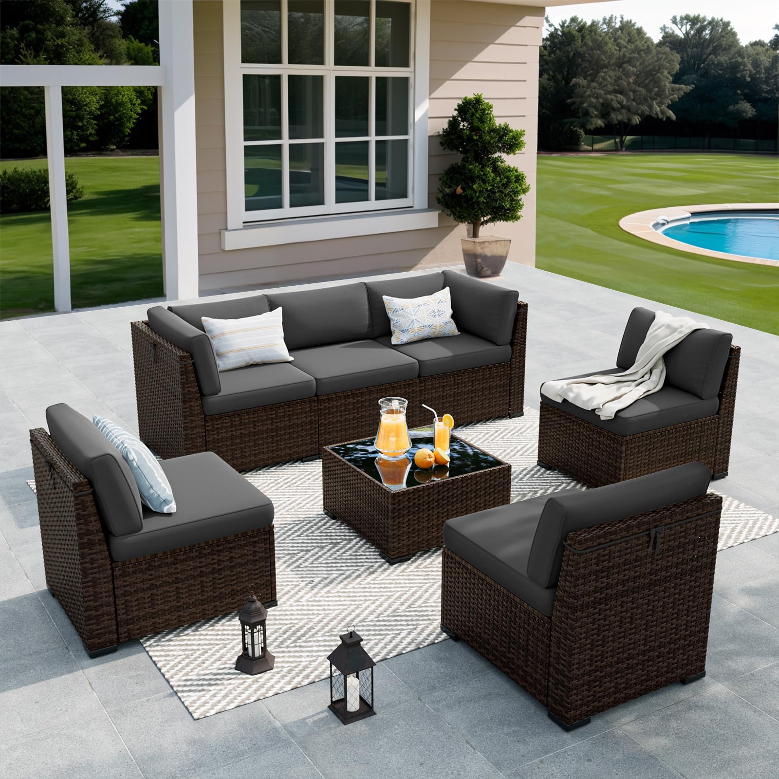 Patio Furniture Set, 7 Pieces Outdoor Sectional Sofa Set with Waterproof Cover, PE Wicker Rattan Slanted Back Outdoor Conversation Set with Cushions and Glass Coffee Table, Dark Grey