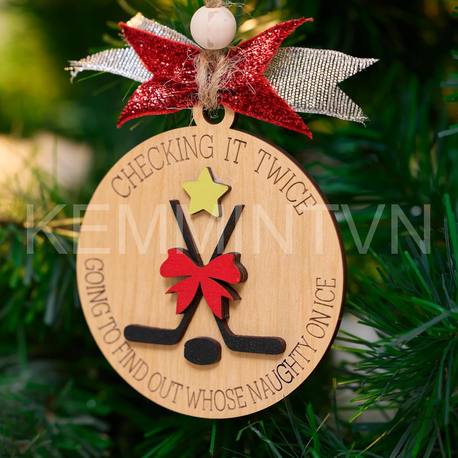 Funny Hockey Christmas Ornament – Wooden Ice Hockey Tree Decoration, Naughty on Ice Holiday Ornament, Gift for Players & Fans - Image 2