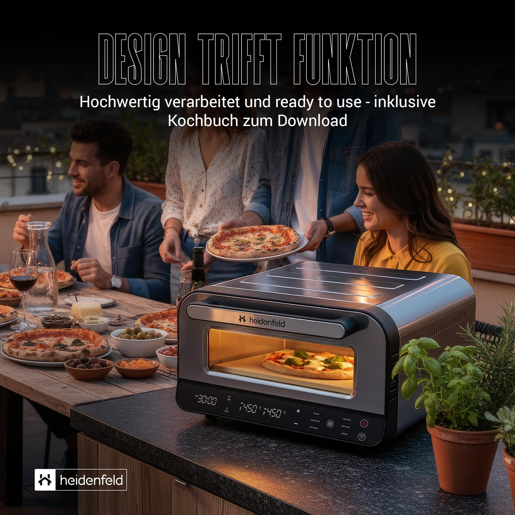 Heidenfeld Pizzaofen | 1850 Watt bis 450°C - Backofen inkl. Pizzastein & Pizzaschieber - Pizzaofen elektrisch - Pizza Ofen - Elektrischer Pizzabackofen - Pizza Maker - Pizzamaker - Steinofen