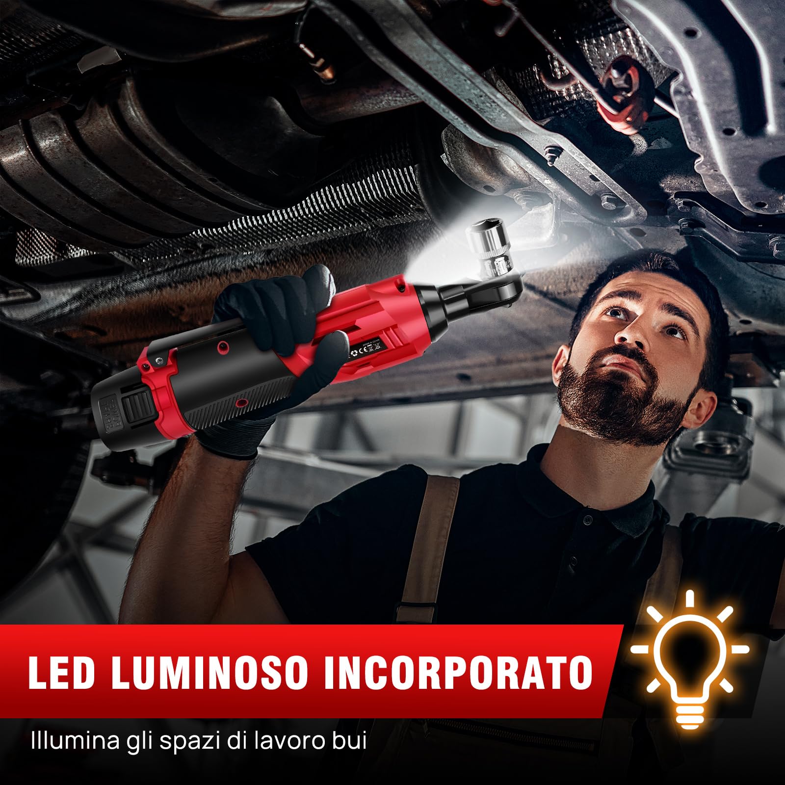 Set di chiavi a cricchetto elettriche a batteria con 7 bussole, 40N.m 12V Electric Ratchet Wrench Kit Power Wrench con luce LED, include caricabatterie rapido, doppia batteria, guanti(Rosso)
