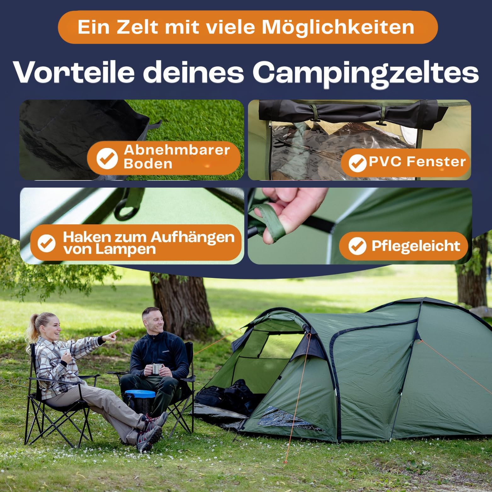 Dome 01, Wasserdicht 4000mm, 2-3 Personen Campingzelt, Vorraum mit abnehmbare Bodenplane, Belüftungsöffnungen, Grün