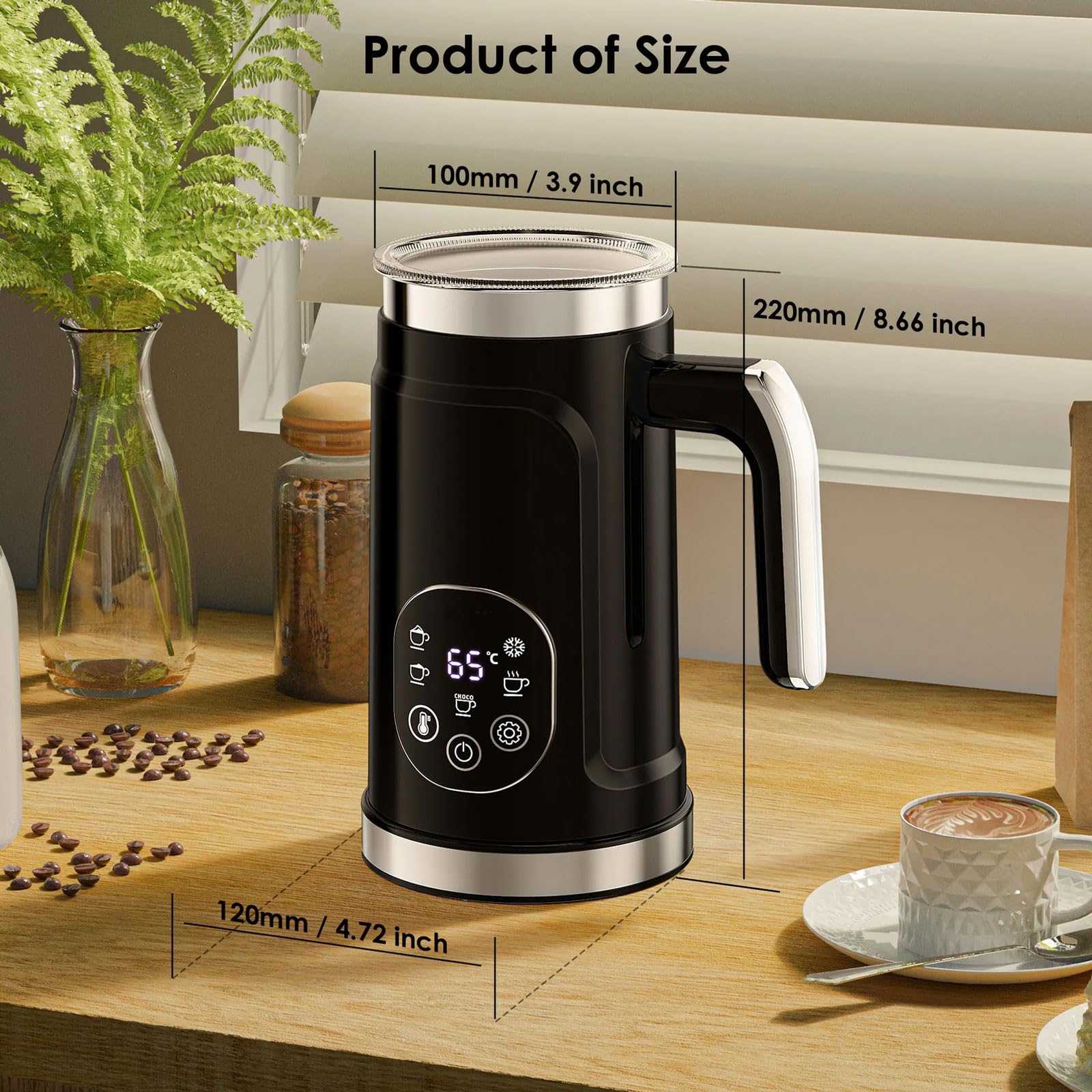 Elektryczny spieniacz do mleka 500 W, podgrzewacz do mleka i parownik, 300 ml, inteligentny ekran dotykowy LCD, 5 funkcji, łatwy do czyszczenia, do kawy, latte, cappuccino, czekolady
