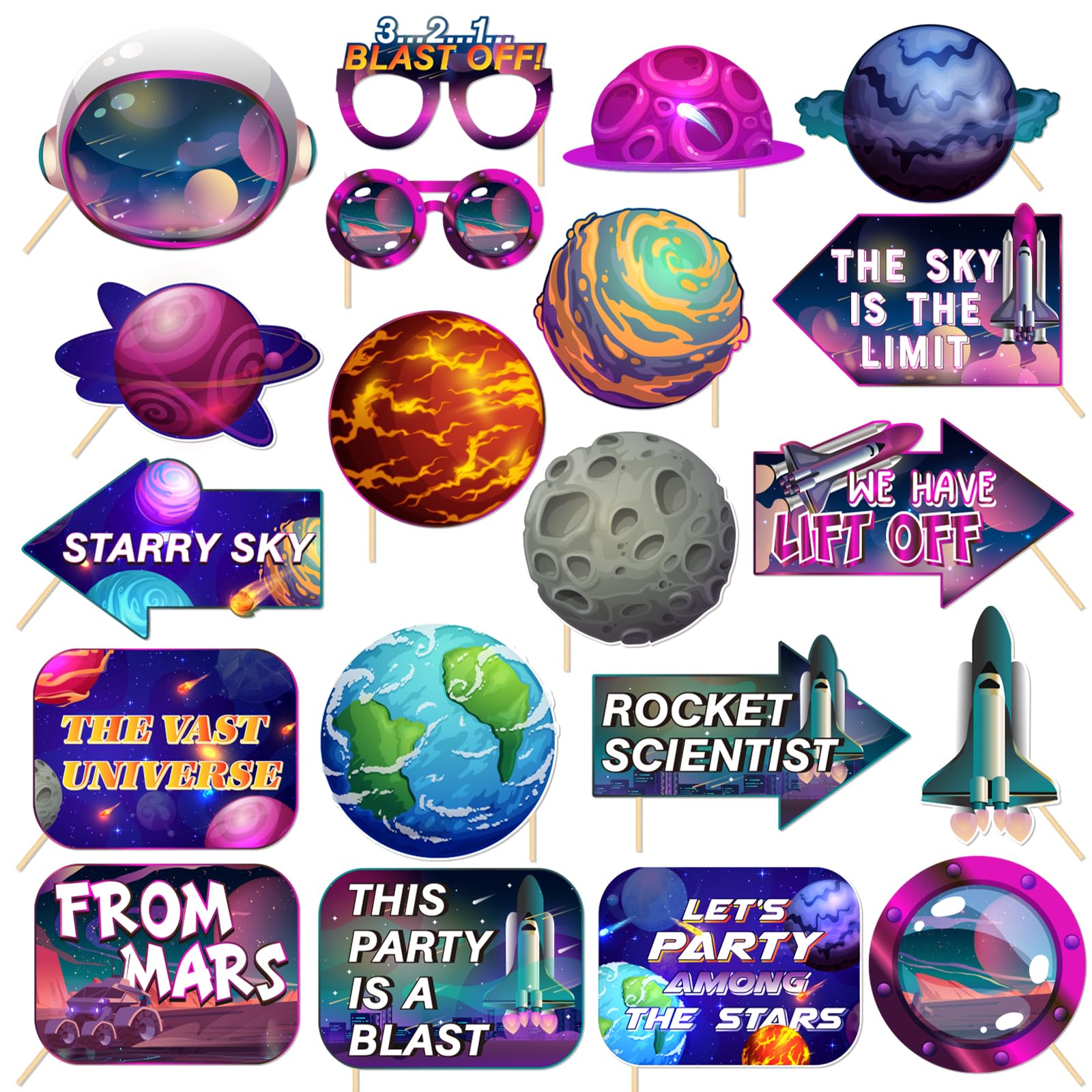 Space Photo Booth Props, 20Pcs Galaxy Outer Space Planet Party Selfie, Boys Girls Birthday Baby Shower Party Decorations