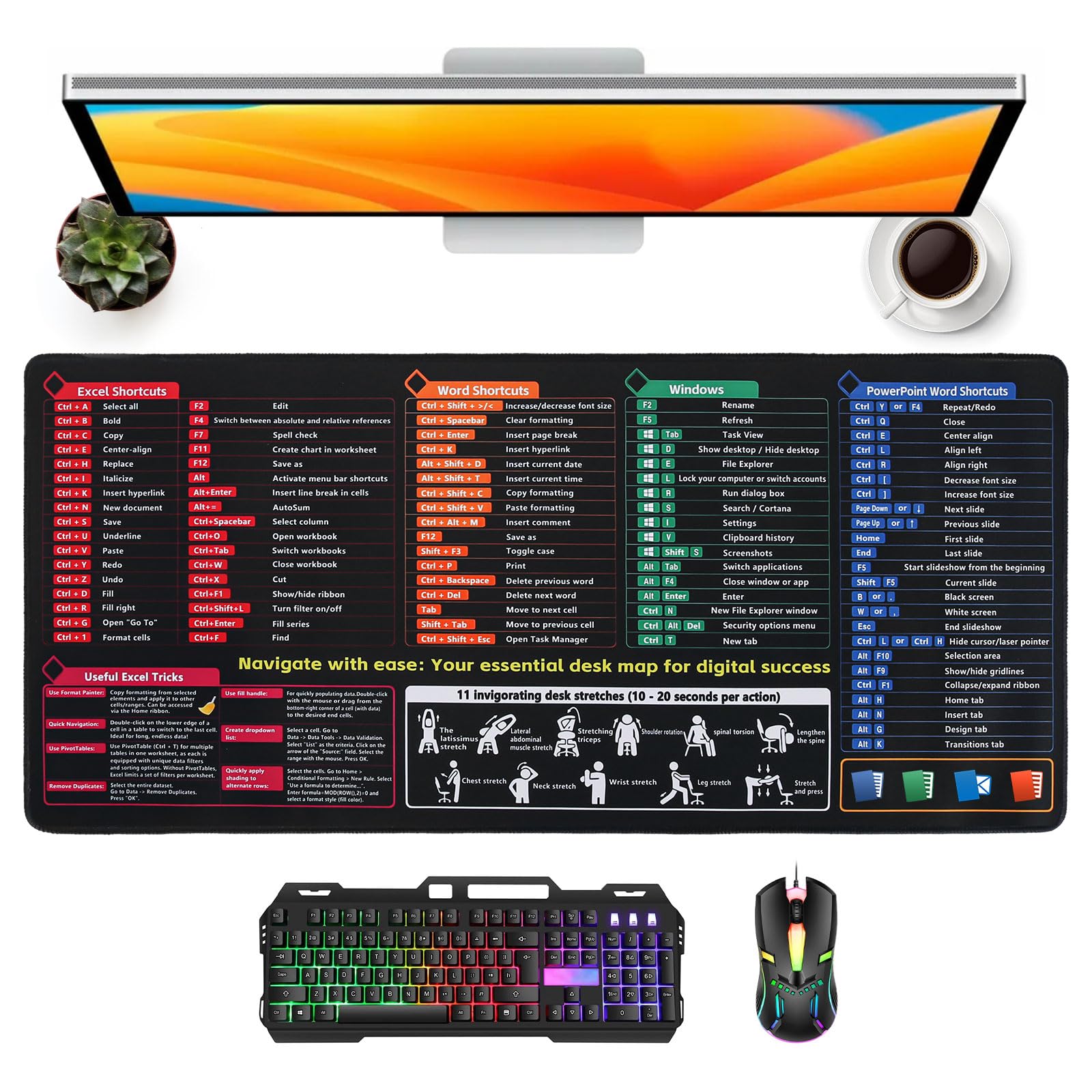 Excel Cheat Sheet Desk Mat XXL 900x400 mm Large Excel Mouse Mat for Desk Extended Full Desk Protector Mat Excel Mouse Pad Long Big Excel Shortcuts Formula Desk Mat (900x400mm - English)