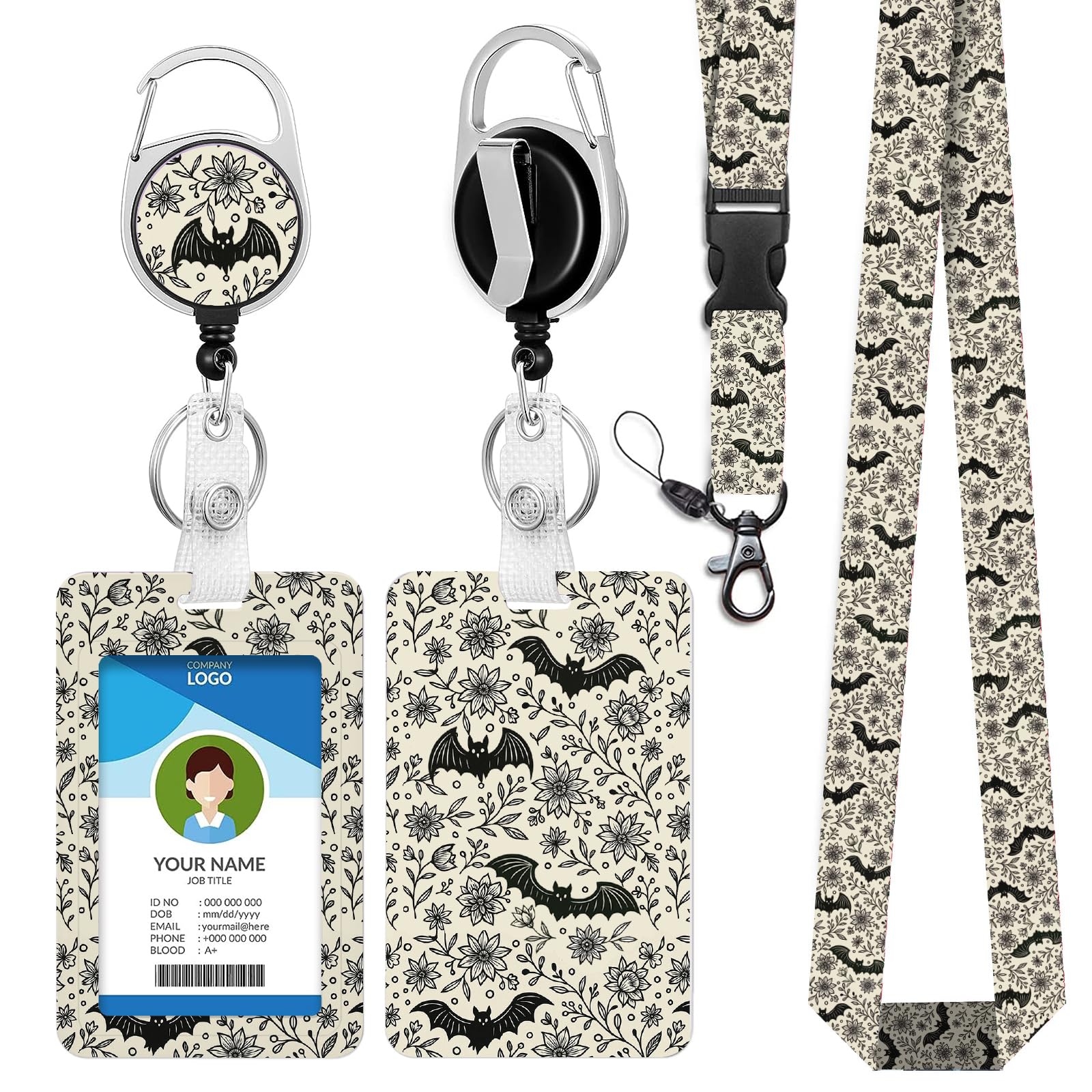 bolimoss Bat Floral ID Badge Holder with Breakaway Lanyard, Adjustable Lanyard with ID Holder Clip for Credit Card Keys, Plastic Badge Holder with Retractable Reel Clip for Nurse Office Teacher