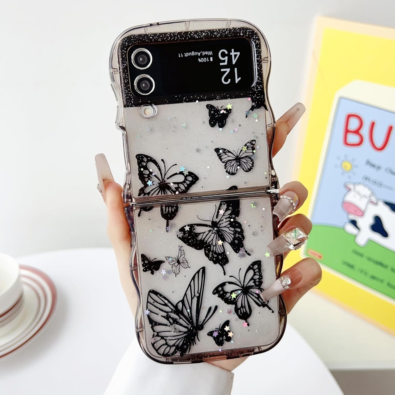 UEEBAI Wave Butterfly Case for Samsung Galaxy Z Flip 3/Z Flip 4 5G Case, Pretty Bling Star Butterfly Cute Shiny Glitter Phone Cover for Girls Bling Clear Cover Curly Shockproof Girly - Black Z Flip 3/Z Flip 4 5G Black