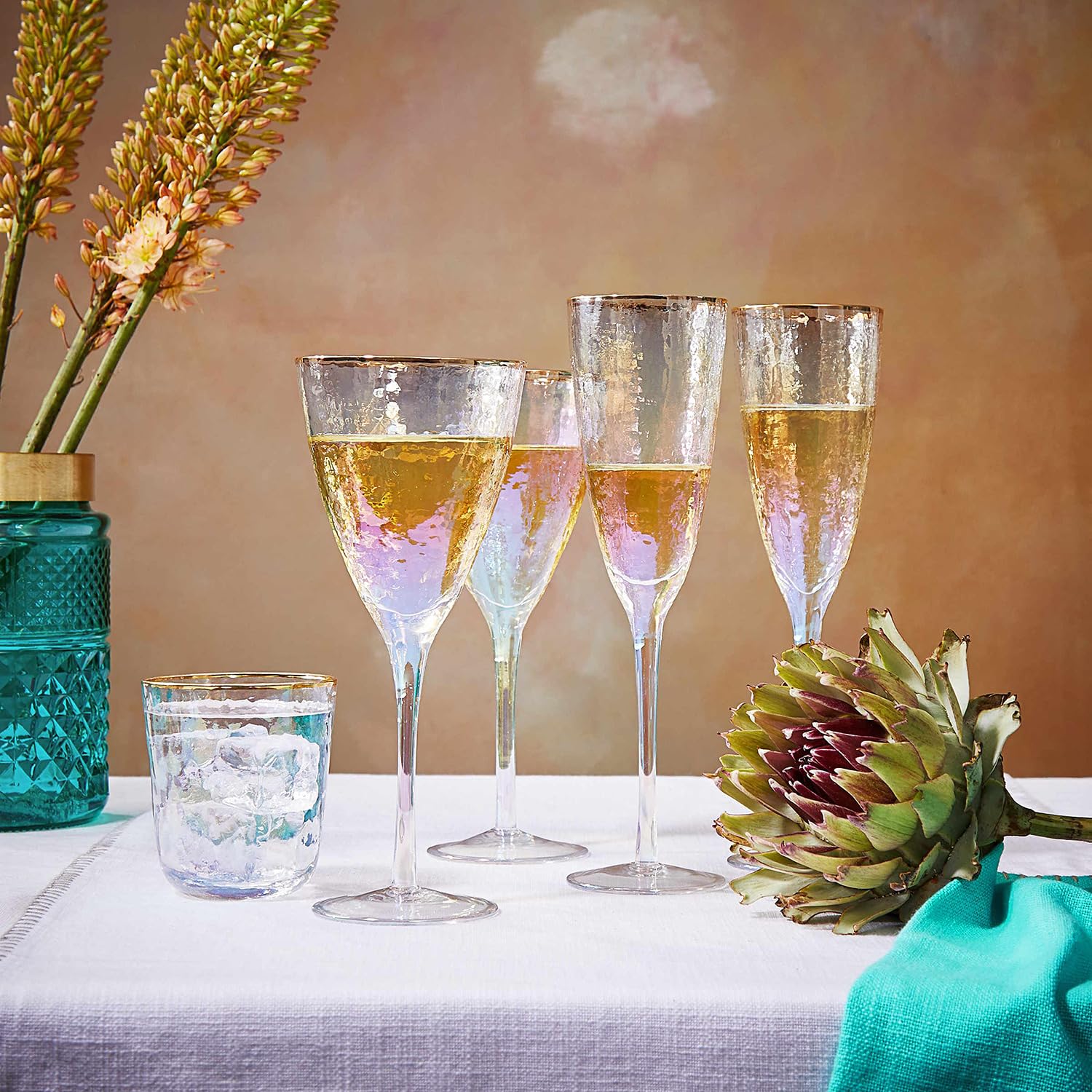BUTLERS 6er Set Weinglas 400 ml Klarglas - SMERALDA - Goldrand | Farbe Durchsichtig - Weinkelch für Weißwein - Stielglas für Rosé - Irisierende Perlmutt-Optik