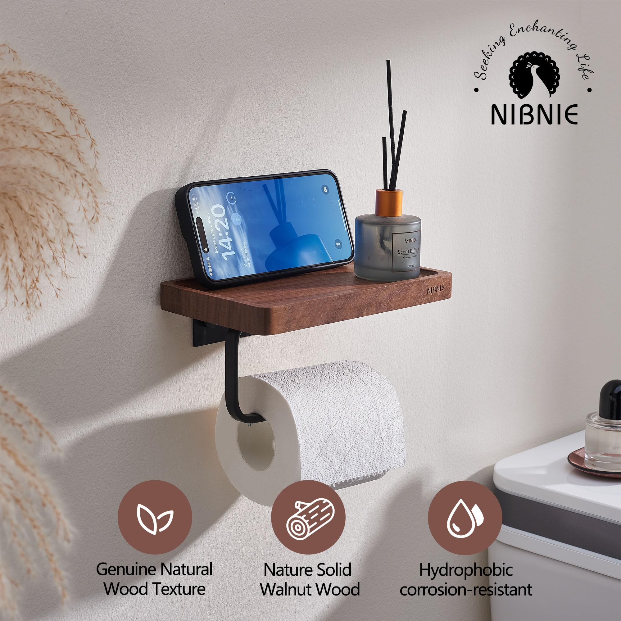 NIBNIE Walnut Wood Toilet Paper Holder with Phone Shelf, Adhesive or Drill Installation Bathroom Washroom Wall Mount Wooden Toilet Tissue Roll Holder with Shelf for Hold Wipes, Cell Phone (Concave)