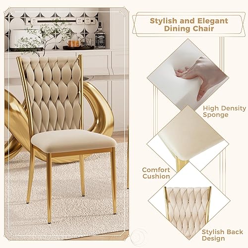 Miniatura 4 de Juego de 4 sillas de comedor de terciopelo, modernas sillas de cocina tejidas con patas de metal dorado, cojín tapizado con respaldo alto,