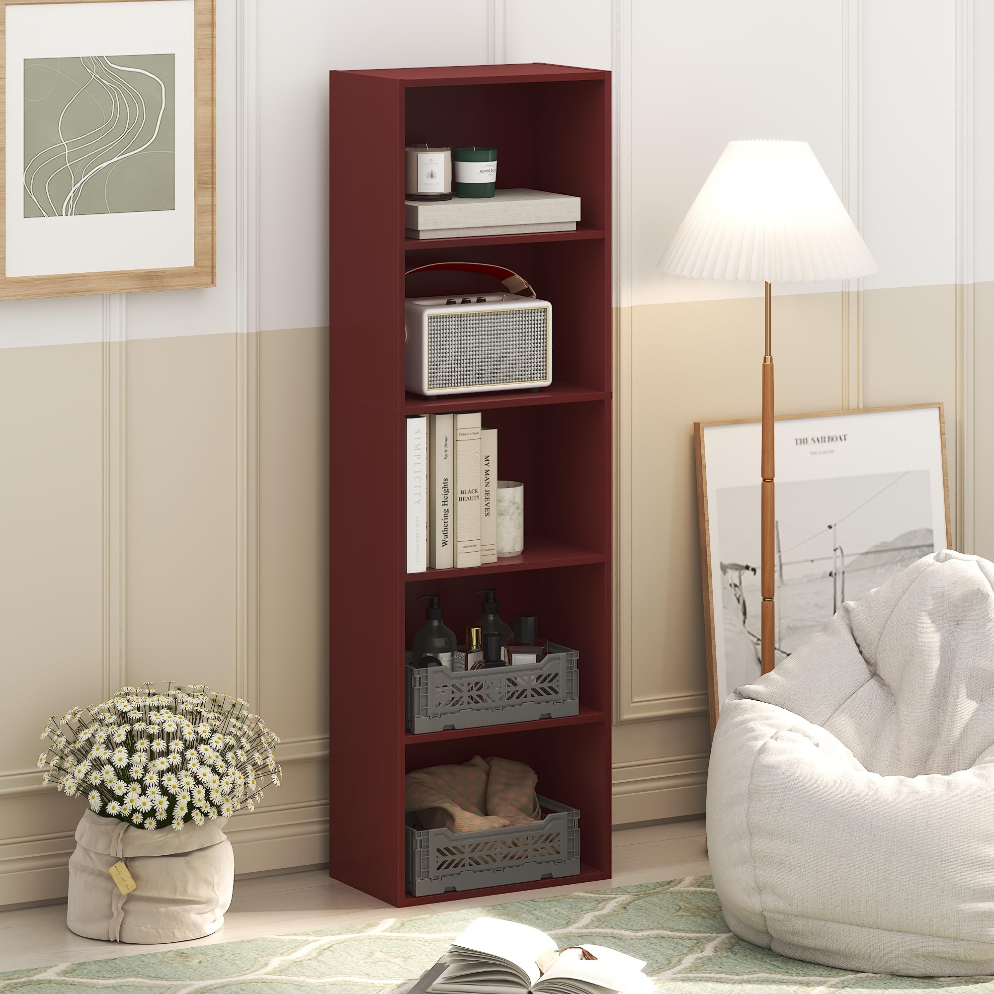Furinno Luder 5-Cube Book Shelf, Bookshelf, Bookcase, Dark Red โ image 1