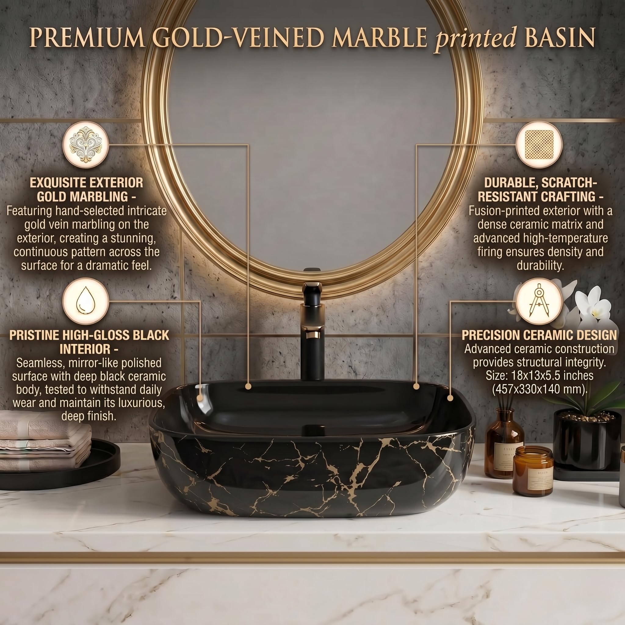 BASSINO 18x13x5.5 Inches Table Top Washbasin/10 Years Warranty/Ceramic Wash Basin for Bathroom/Rectangule Counter Top Wash Basin for Restaurant/Dining Hall/Living Room(Glossy Black-Golden Marble) 3
