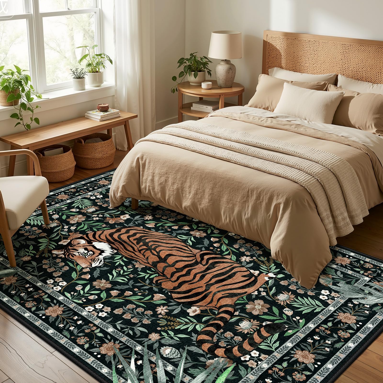 Hroza 5x7 Area Rug for Bedroom Tropical Jungle Tiger Non-Slip Green Rug Kid & Pet Friendly Washable Condo Rugs