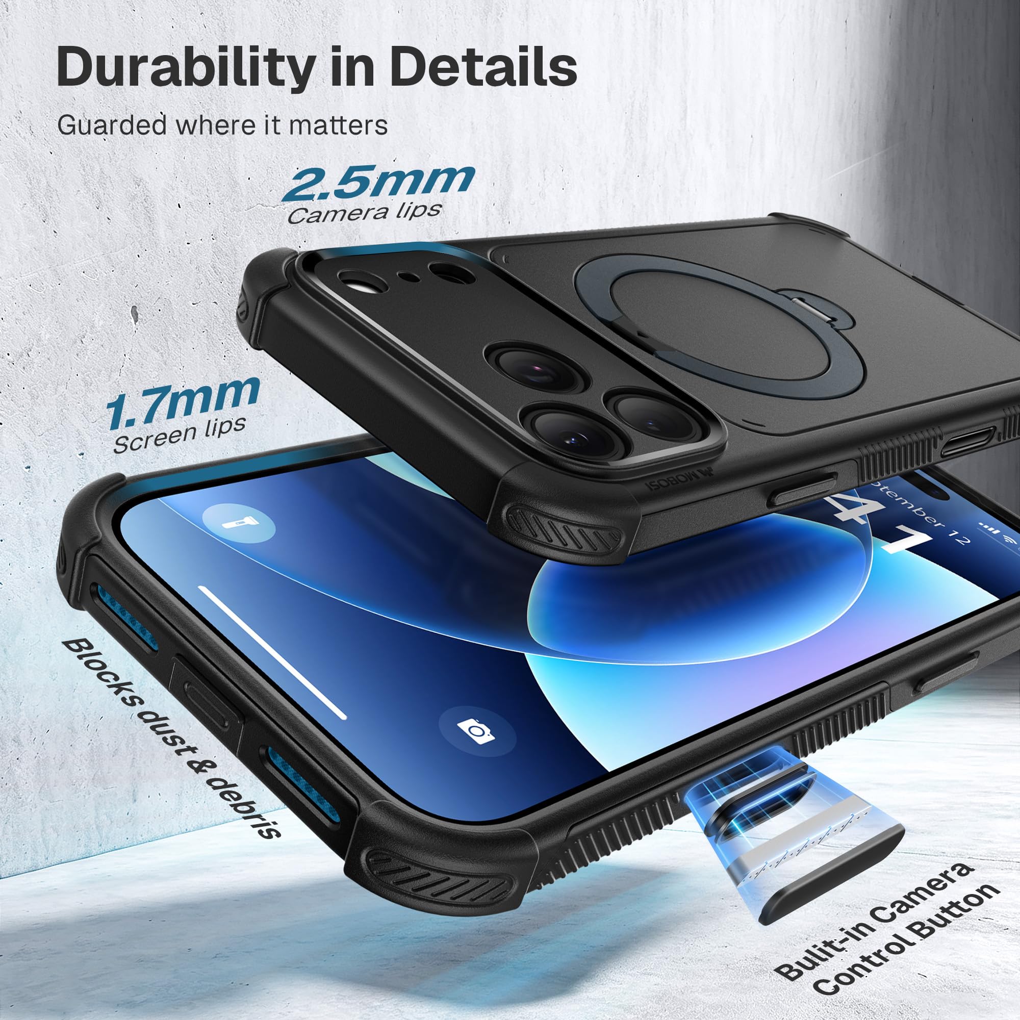 MOBOSI Custodia robusta per iPhone 17 Pro, supporto magnetico, nero