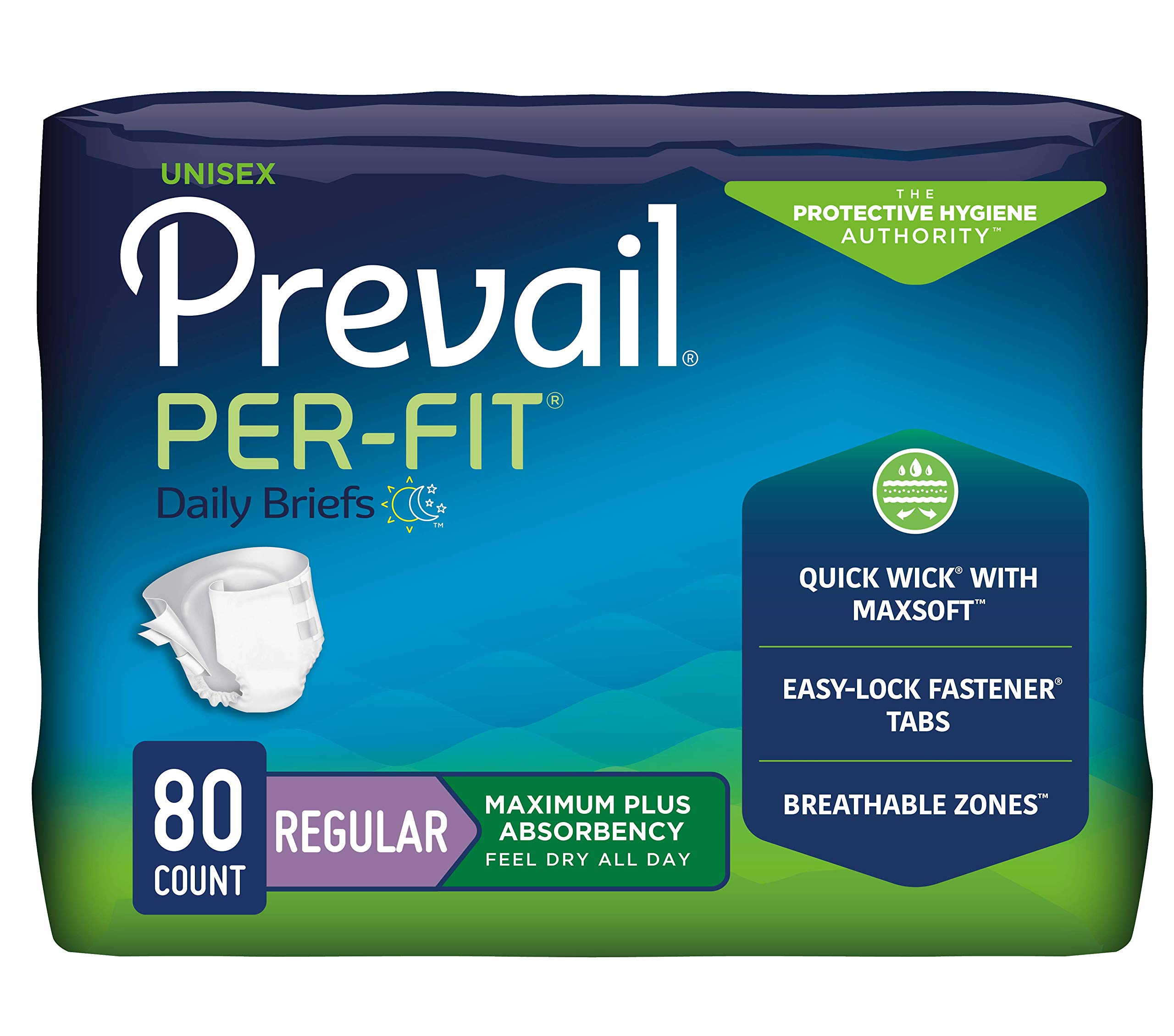 Prevail Per-Fit Incontinence Unisex Briefs with Tabs, Disposable Adult Diaper, Maximum Plus Absorbency, Regular, 80 Count (4 Packs of 20)