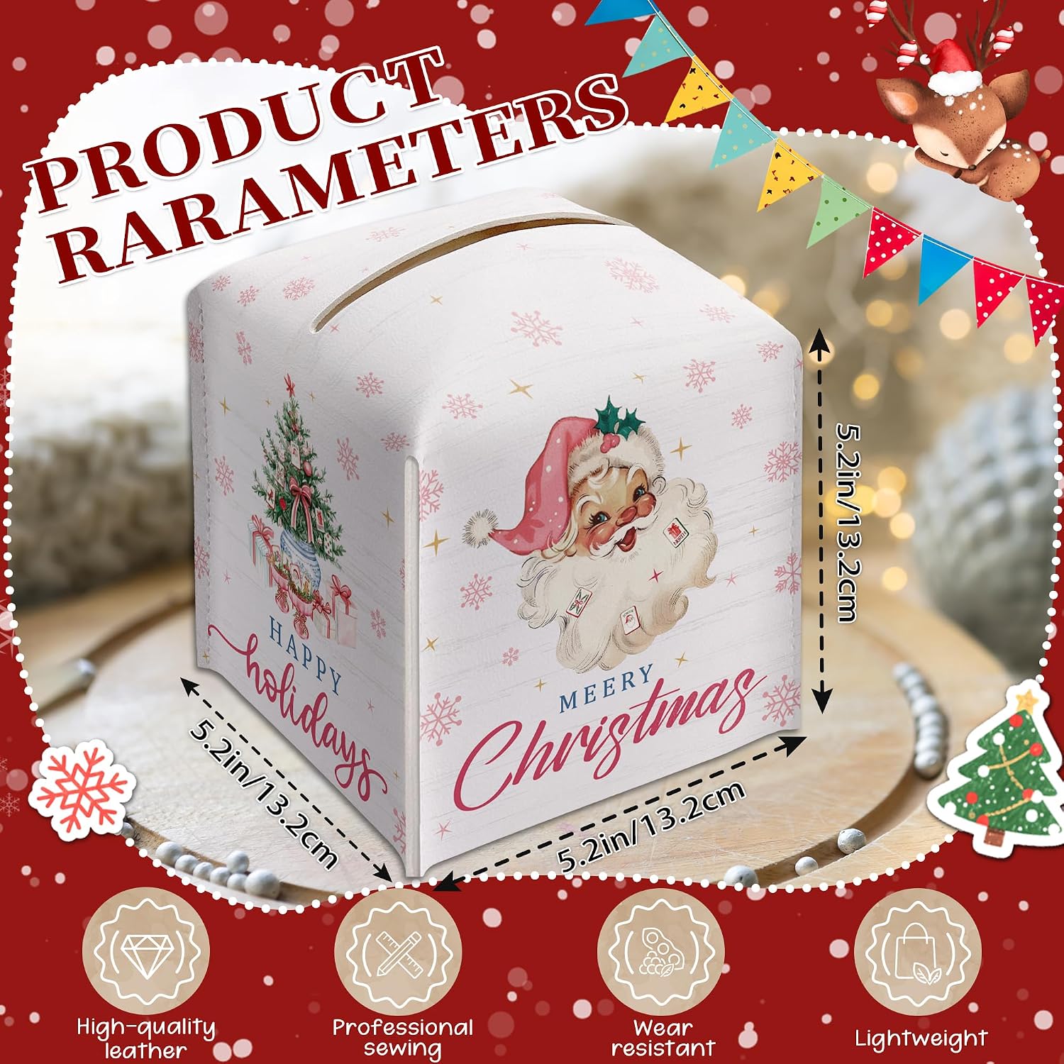 Pink Santa Claus Tissue Box Cover Square, Christmas Tree Decorative Tissue Box Holder, Waterproof Leather Tissues Boxes Dispenser for Bathroom, Office, Car, Bedroom Nightstand, Home Decor
