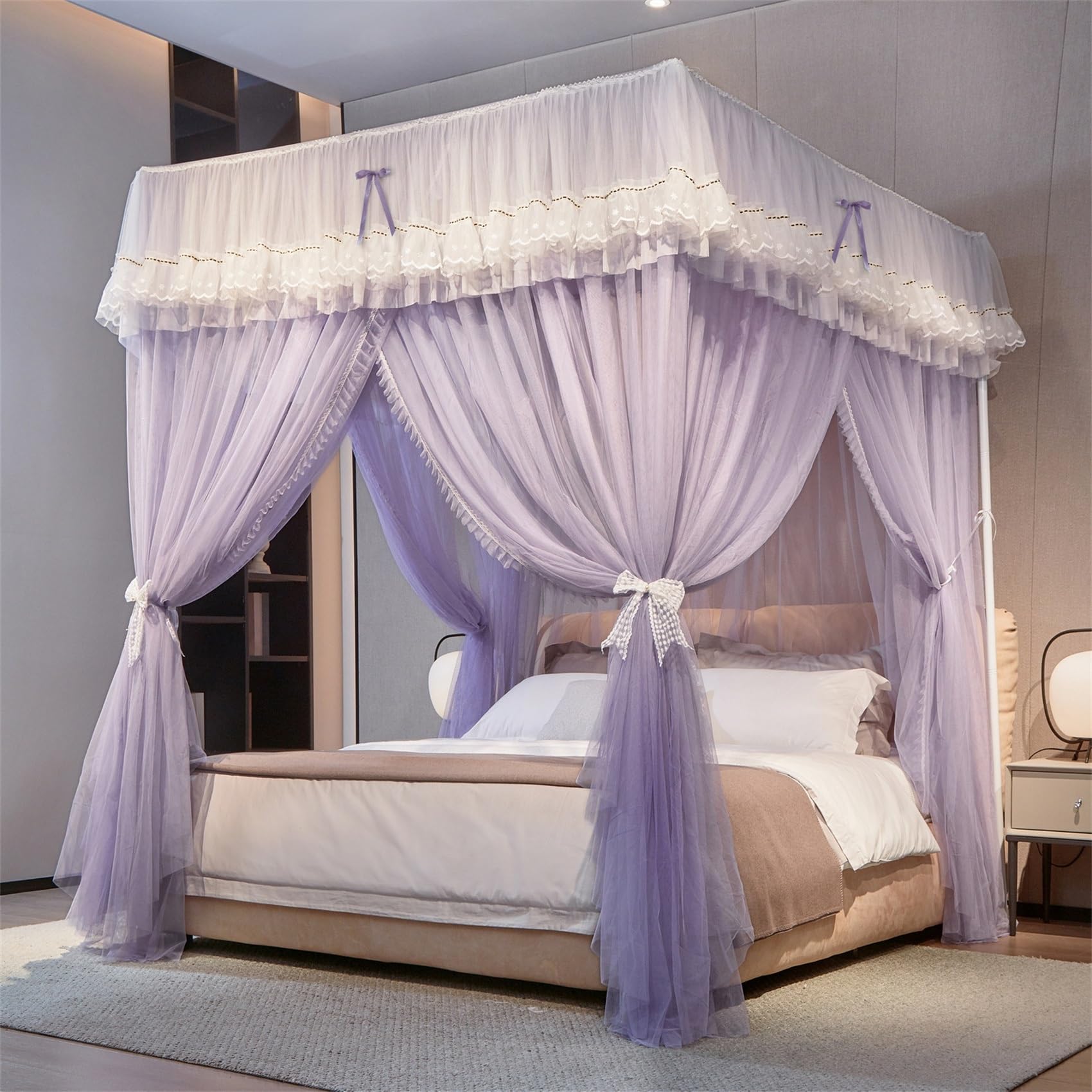 GUOIOOI Canopy Bed Curtains 4 Corners Post Ruffle Lace bow Princess Bed Canopy with Removable Blackout Top,Double‑Layer Cozy Drape Netting 3‑Side Opening for Queen/Full Bed(Purple,FULL/1.5x2M)