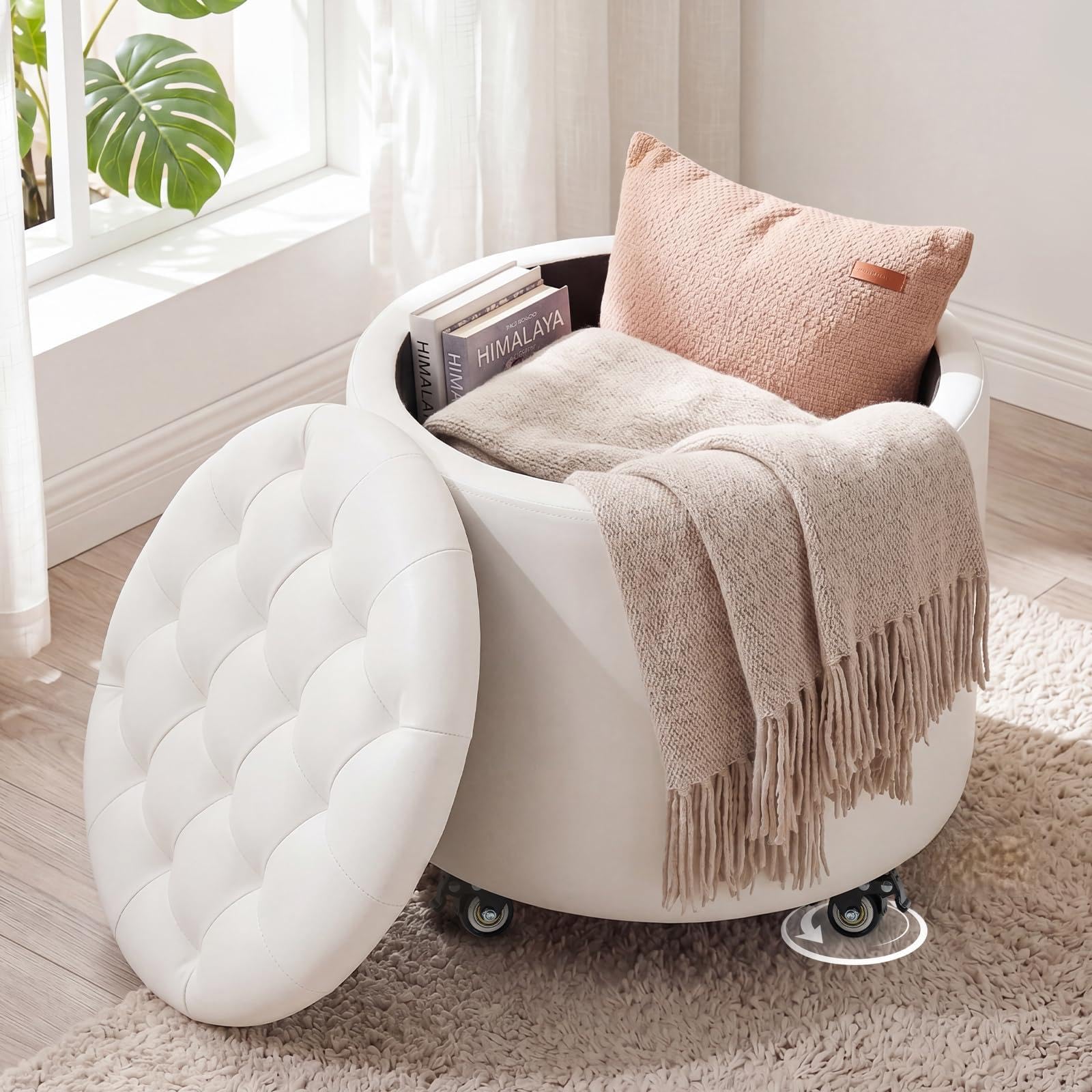 Hocker mit Rollen, 48cm Runder Fußhocker mit Stauraum, Knopfgeheftete Sitzhocker Schminkhocker mit Abnehmbarem Deckel für Wohnzimmer, Schlafzimmer, Esszimmer, PU, Elfenbeinweiß