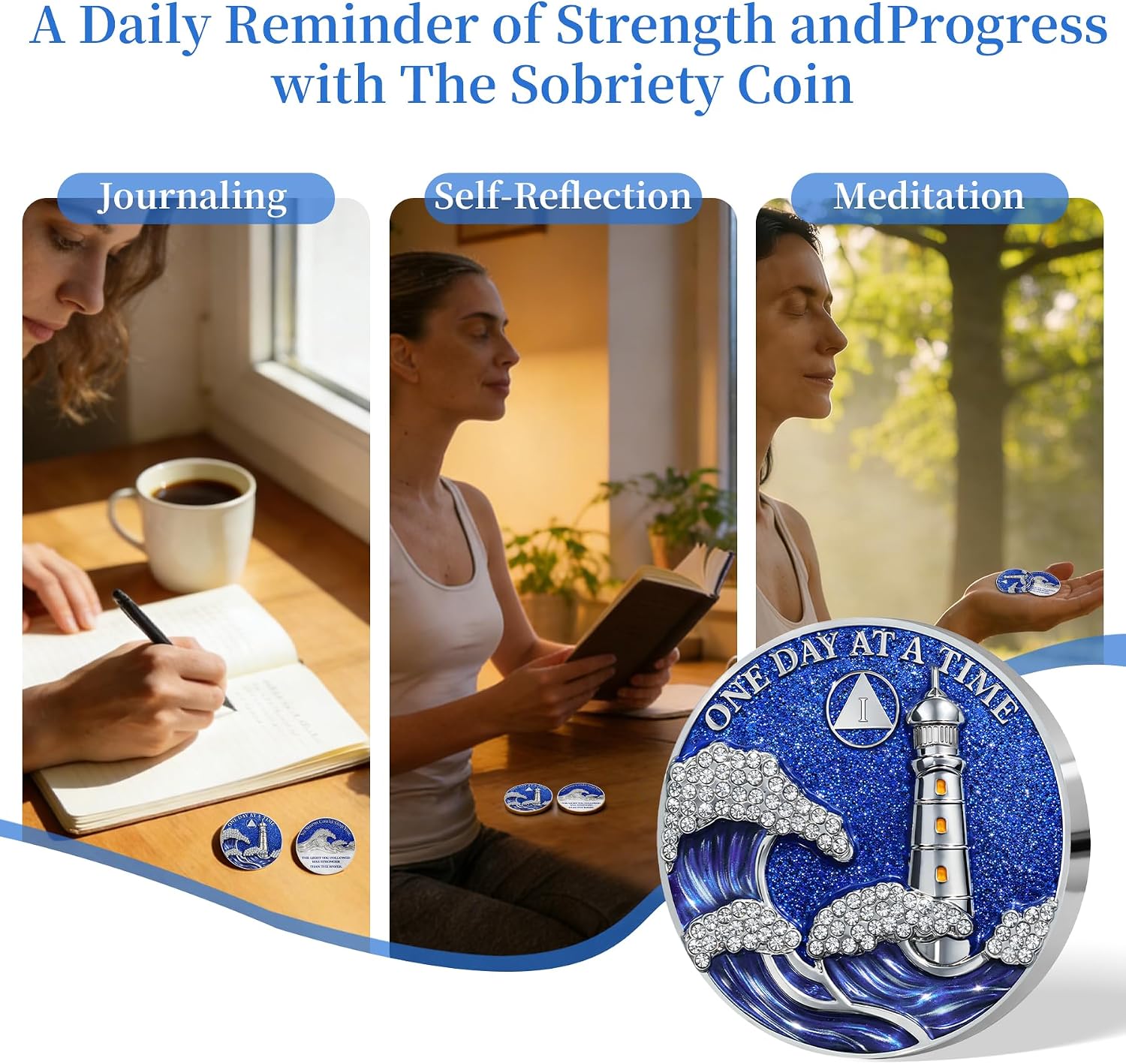 1 Year Lighthouse Sobriety Coin-One Year Blue Glitter Sober Chip, One Day at a Time AA Recovery Medallion with Rhinestone 3D Waves Design,Sobriety Gifts for Women Men Alcoholics Anonymous