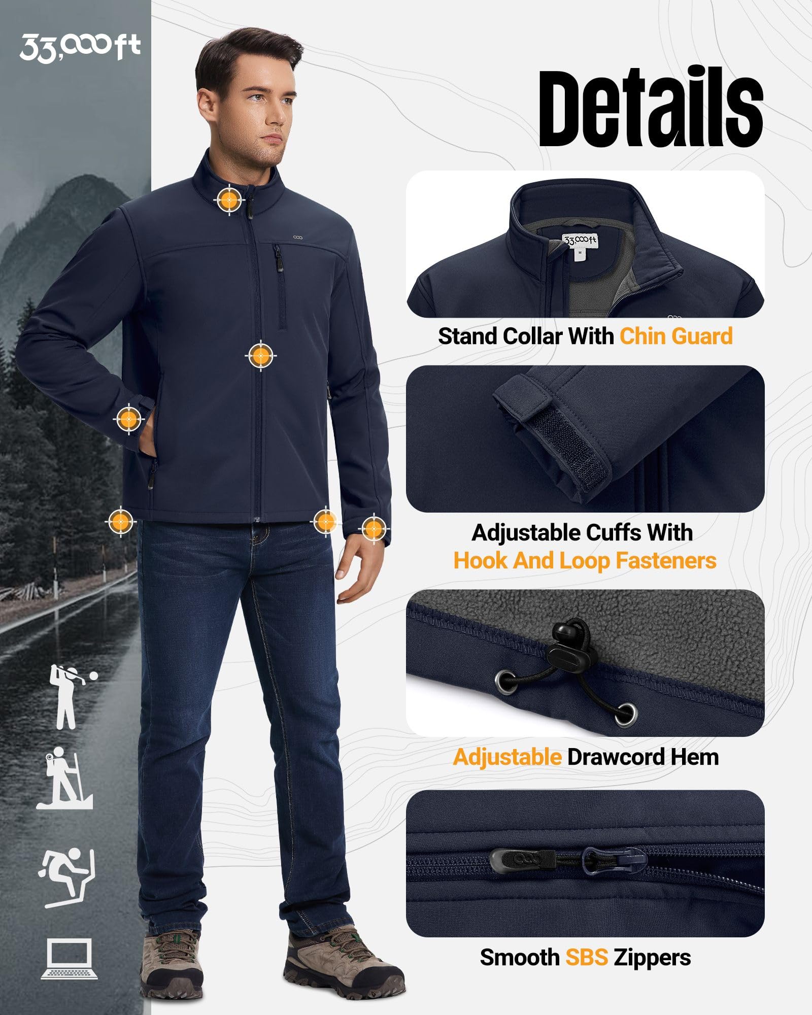 33,000ft Chaquetas impermeables para hombre, con forro polar, chaquetas softshell para hombre, resistentes al viento, para trabajo, senderismo, con bolsillo con cremallera