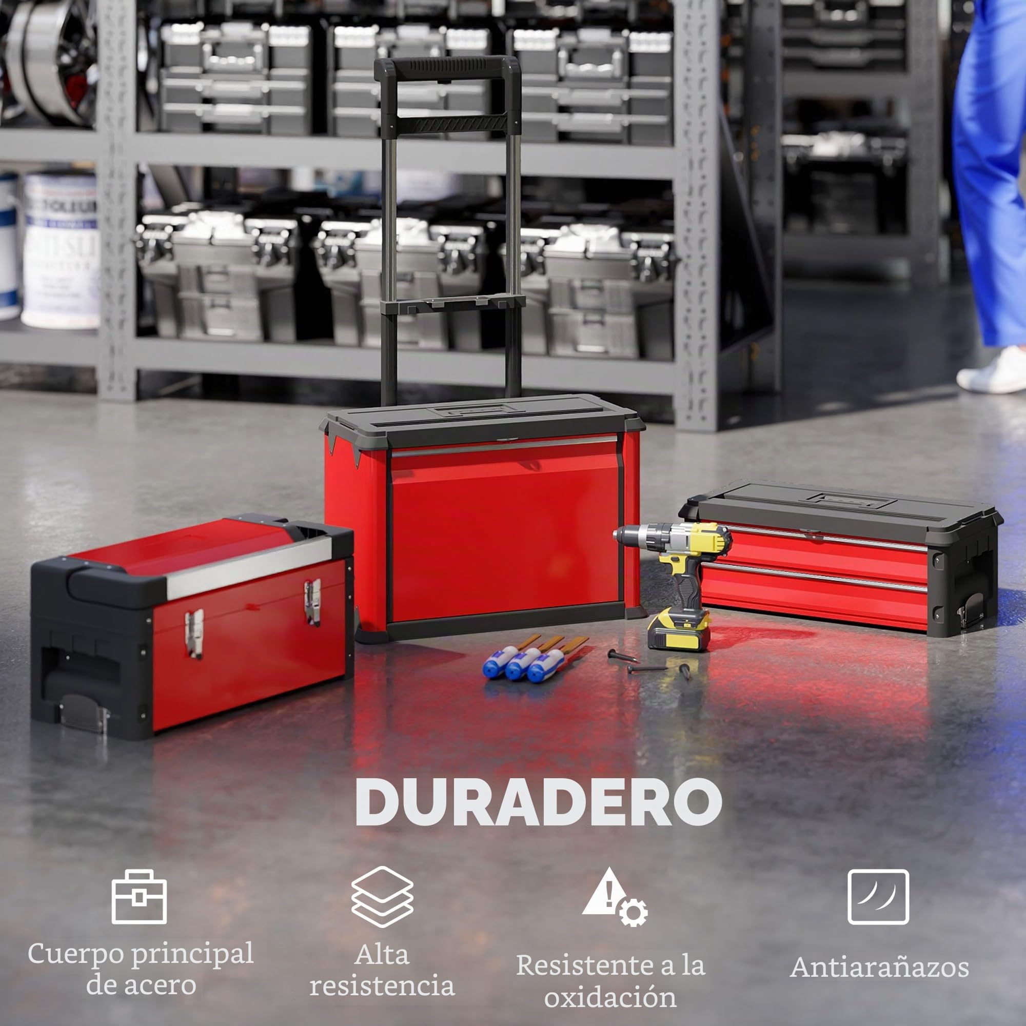 HOMCOM Carro de taller con maletín de herramientas vacío con 3 unidades modulares, carro para almacenamiento de herramientas, caja de herramientas con asa, acero, color rojo