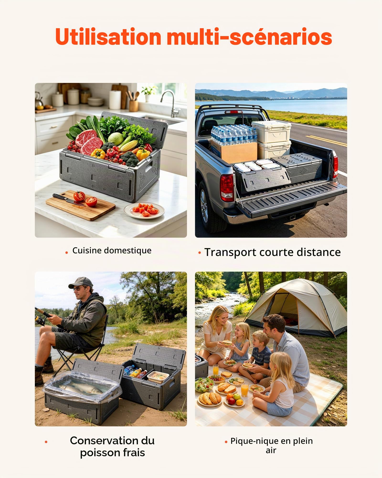 VEVOR Caisse Isotherme 38 L, Boîte de Transport Isotherme Passive sans Électricité, pour Livraison Traiteur Barbecue Restaurantion, Caisson Maintien au Chaud ou au Froid Pliable et Léger en PPE, Gris