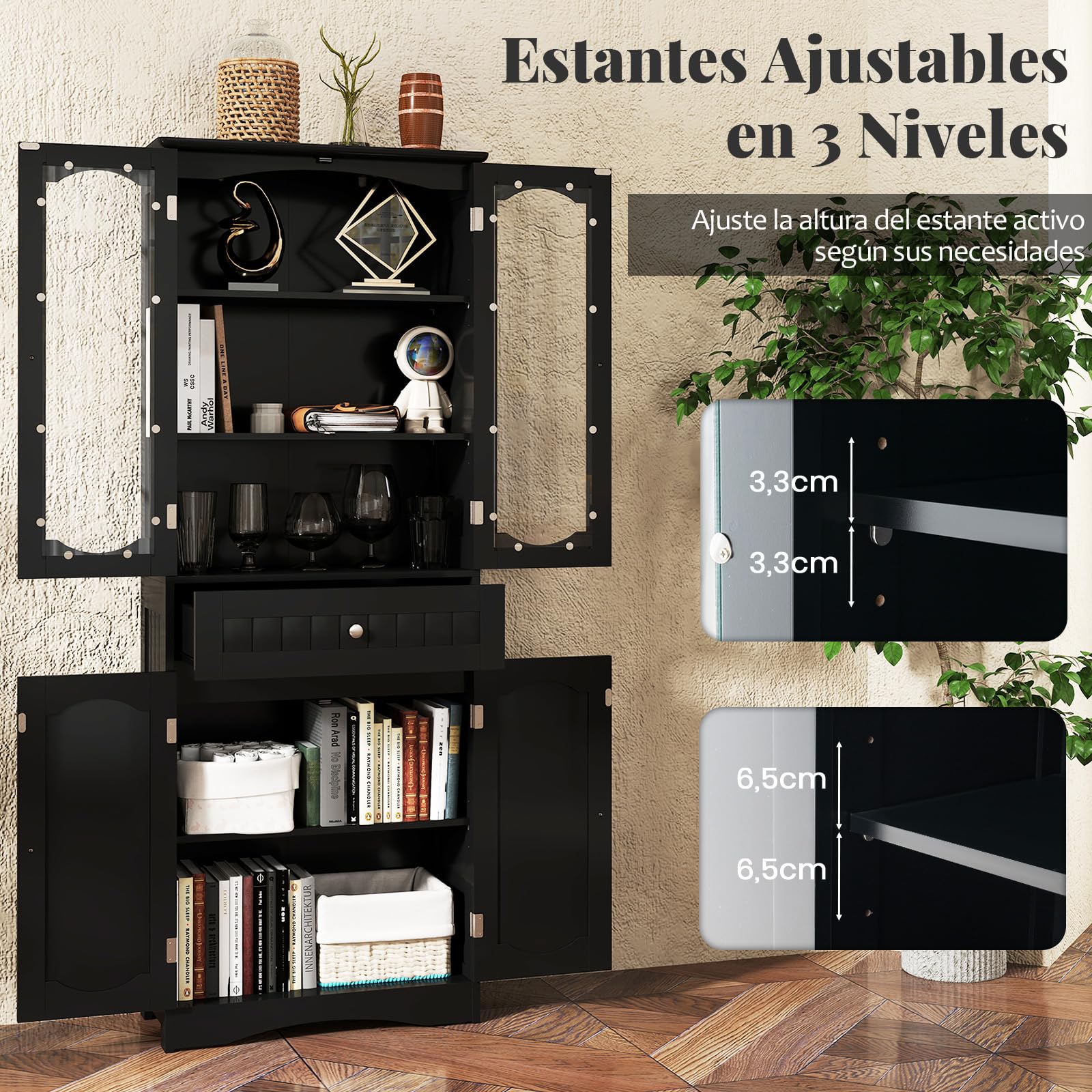 GOPLUS Armario de Baño Alto de 160 CM, Armario de Almacenamiento Independiente con Puertas de Vidrio Templado, Estantes Ajustables y Cajón Grande, Organizador Estrecho para Cocina (Negro)