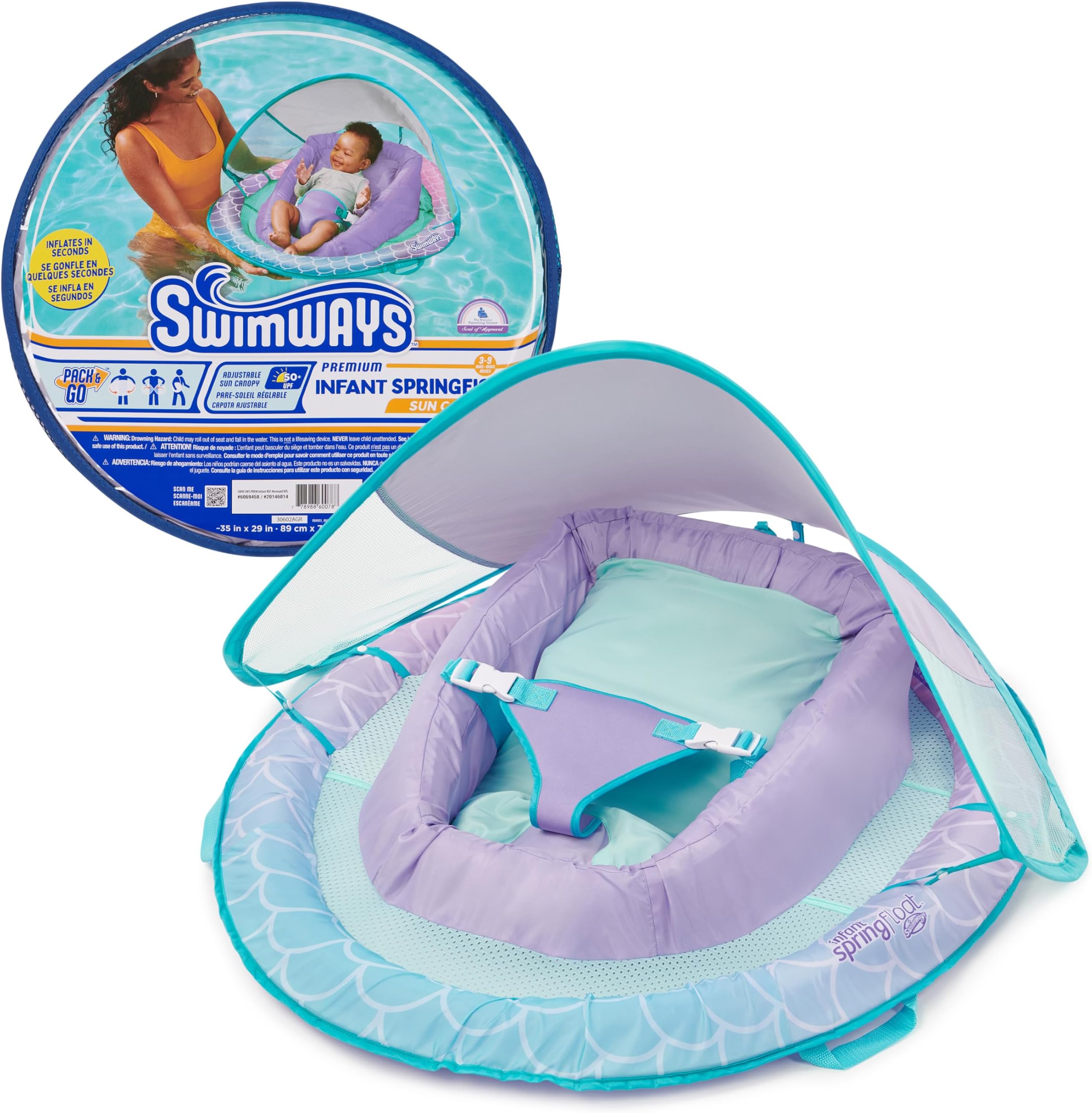 Infant Spring Float, Baby Pool Float with Canopy & UPF Protection, Swim Training PFD, Swimming Pool Accessories for Babies 3-9 Months