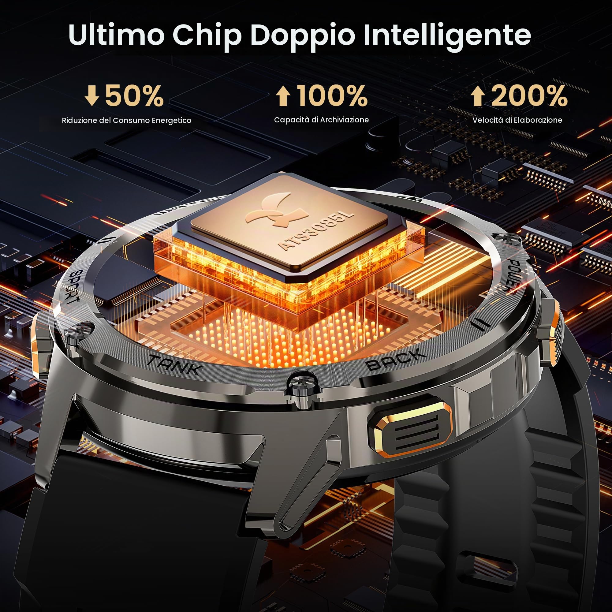 KOSPET TANK T3 Smartwatch，Impermeabile 5ATM & IP69K, Batteria Extra Large | Corpo in Acciaio Completo, Monitoraggio Frequenza Cardiaca e SpO2, 170+Modalità Sportiva, Compatibile Android & iPhone Nero