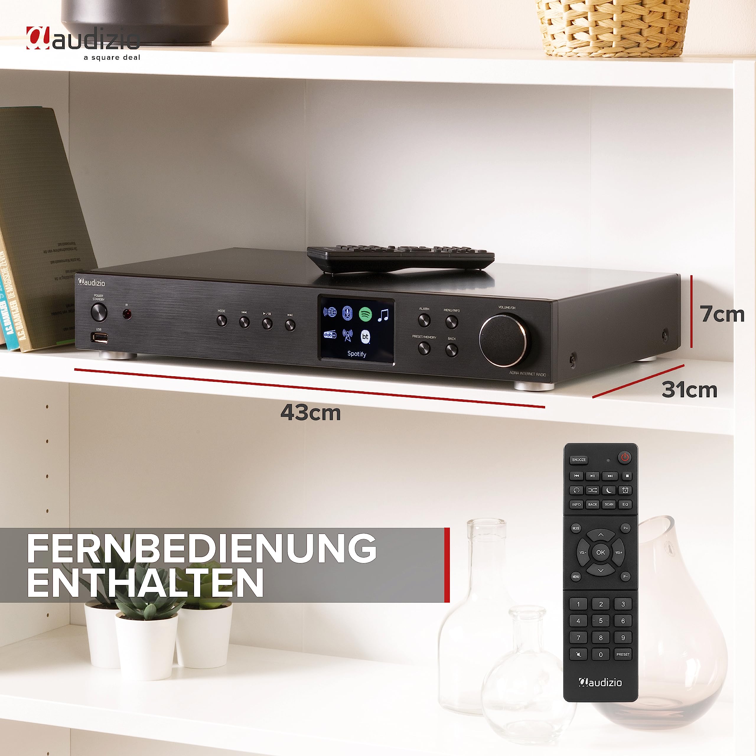 Audizio Adria - Internetradio WLAN Radio mit Bluetooth, DAB Tuner, Spotify Connect, HiFi-Tuner, Internet Radio, USB, AUX, RCA Out, Optical, Fernbedienung - Schwarz