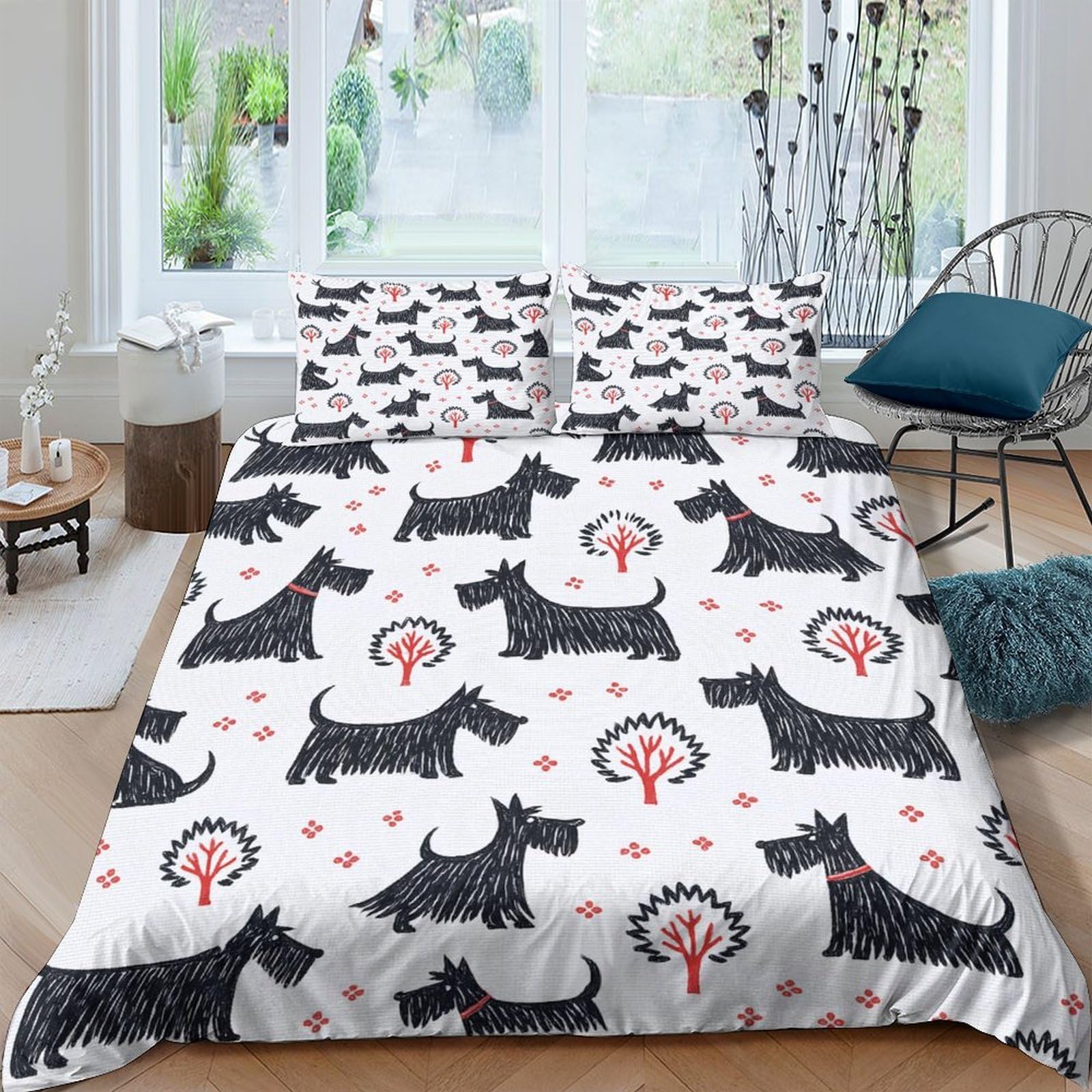 Ctjqhvkz Style-2 3D Printed Black Scottish Terrier Fitted Sheet Microfiber Soft Dog Pattern Bed Cover For Bedroom Guest Room Decor Easy Care Single（135X200cm）