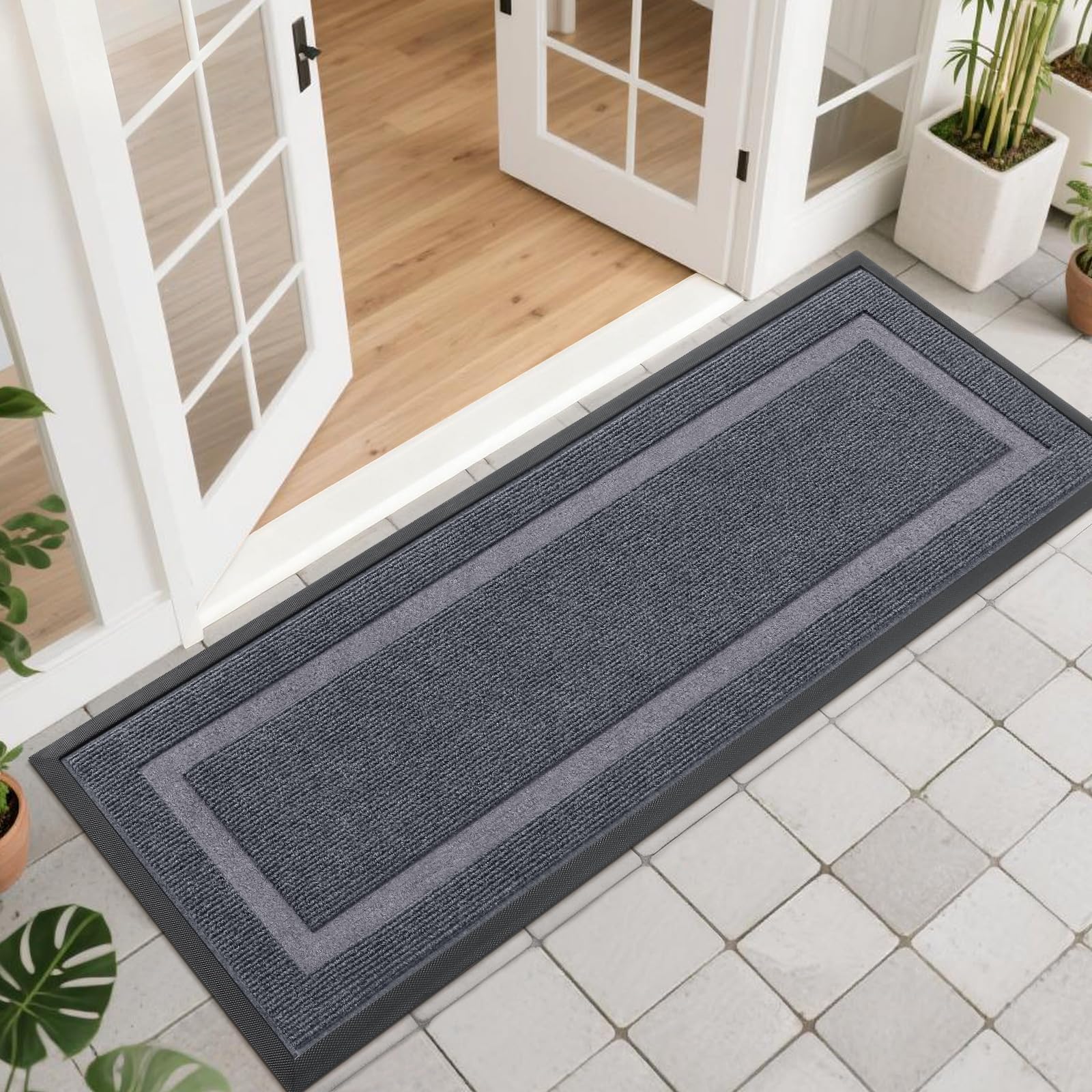 OLANLY Front Door Mat Indoor Outdoor Entrance, Waterproof All-Season, All-Weather Doormat, Sturdy Natural Rubber, Fade Resistant, Low Profile, Easy Clean Patio Porch Entryway Mat, 47x17, Light Grey