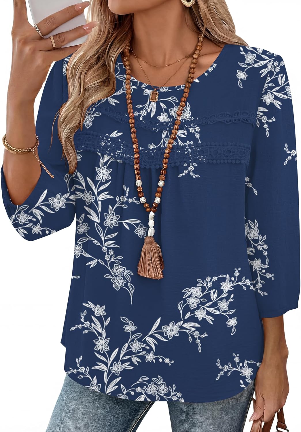 Ivicoer 3/4 Length Sleeve Womens Tops Crewneck Dressy Casual Chiffon Blouses Flowy Lace Boho Clothing Trendy 2026