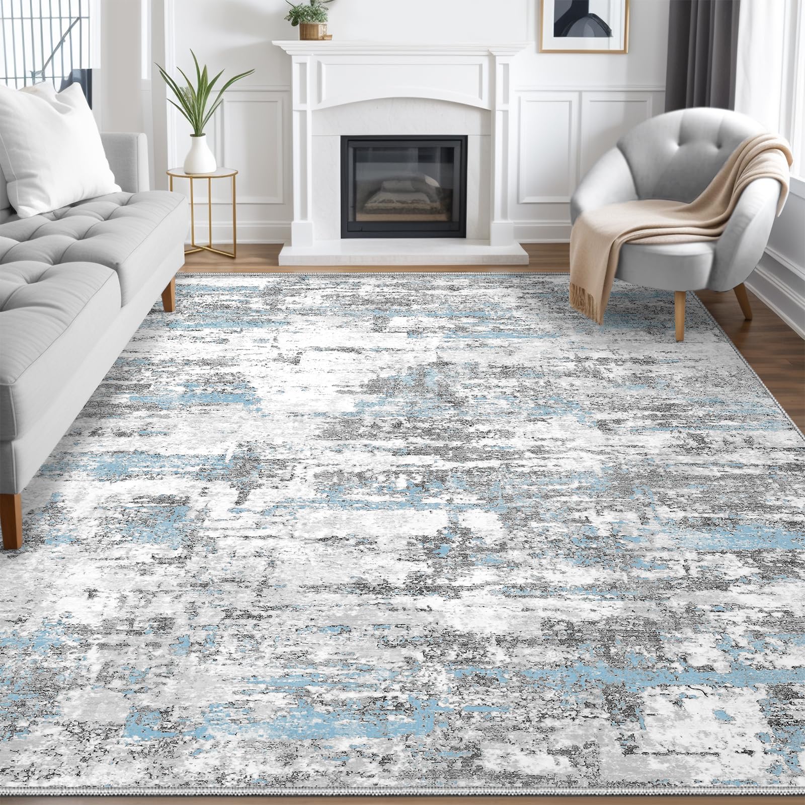 Area Rug Living Room Rugs 9x12: Modern Neutral Abstract Aesthetic Rug for Bedroom Dining Room Table - Large Soft Stain Resistant Machine Washable Rug, Indoor Home Office Carpet - Blue Grey