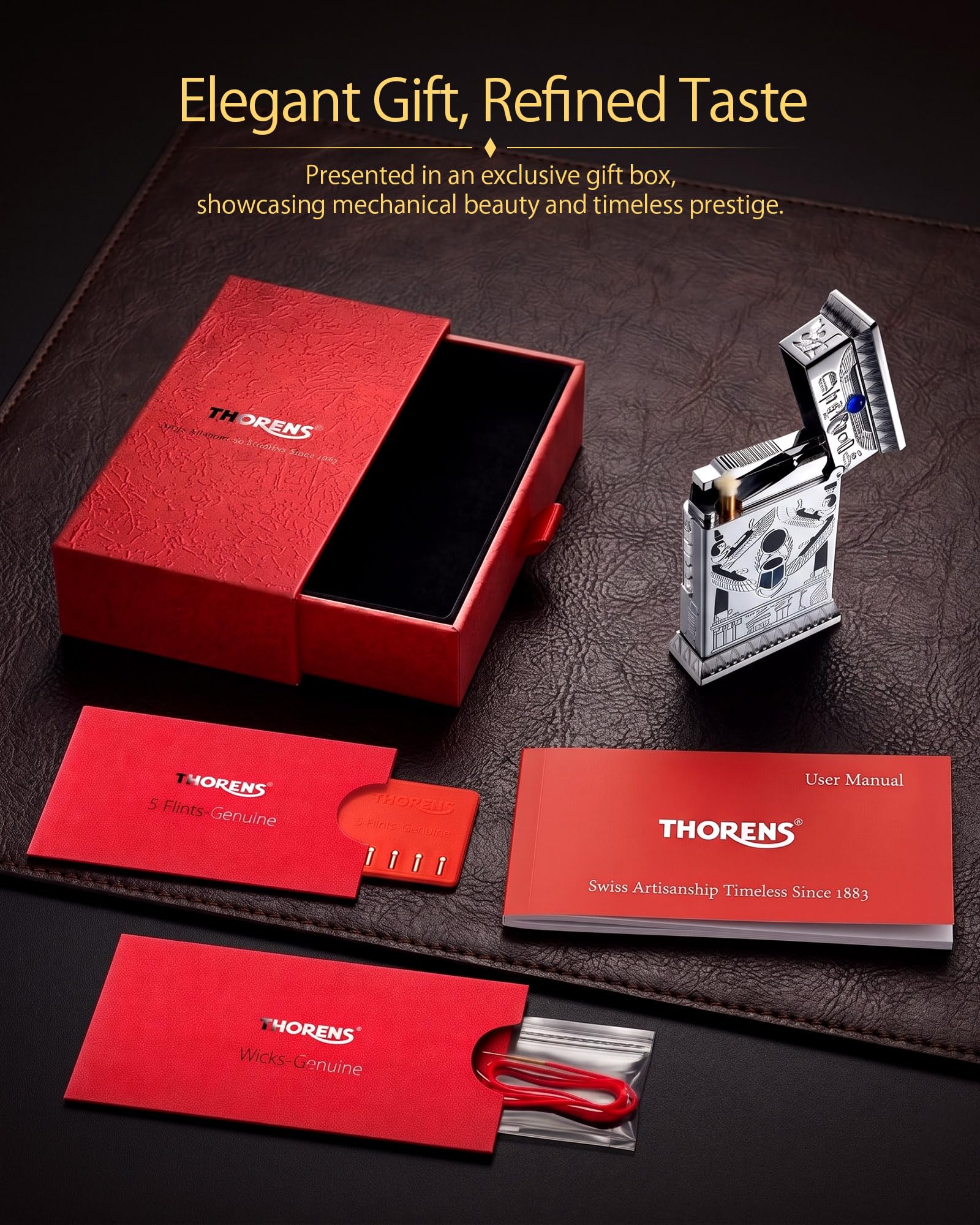 THORENS Pharaoh's Light - Silver Mechero de Queroseno y Latón | Sonido nítido, cromado fino, retro clásico de lujo, recargable, inlay electrochapado, caja regalo, coleccionable hombre