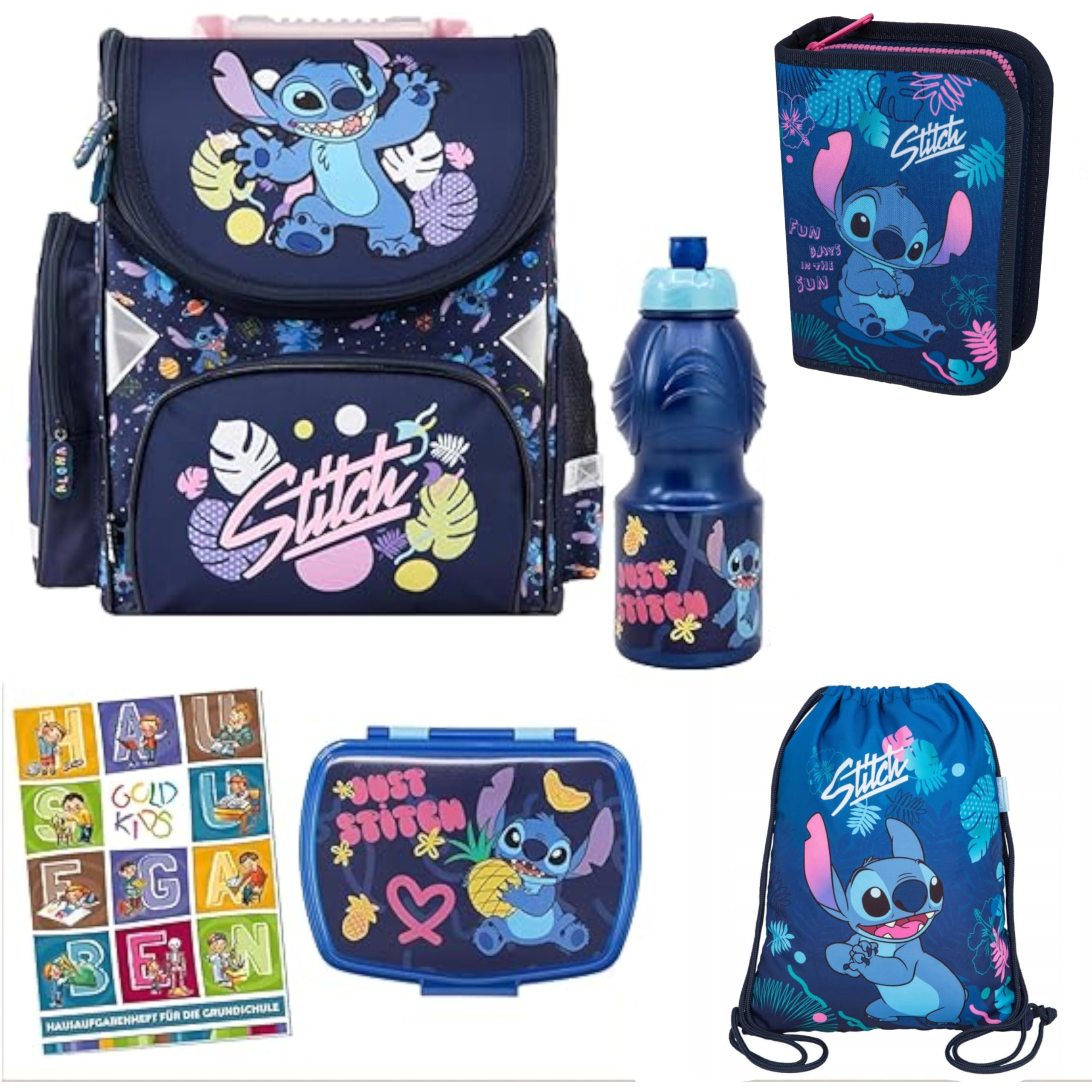 PASO - Schulranzen für Jungen und Mädchen - Schul-Rucksack für Kinder mit Federmäppchen - Schuhbeutel und Hausaufgabenheft - Lilo und Stitch Motiv - 1-3 Klasse