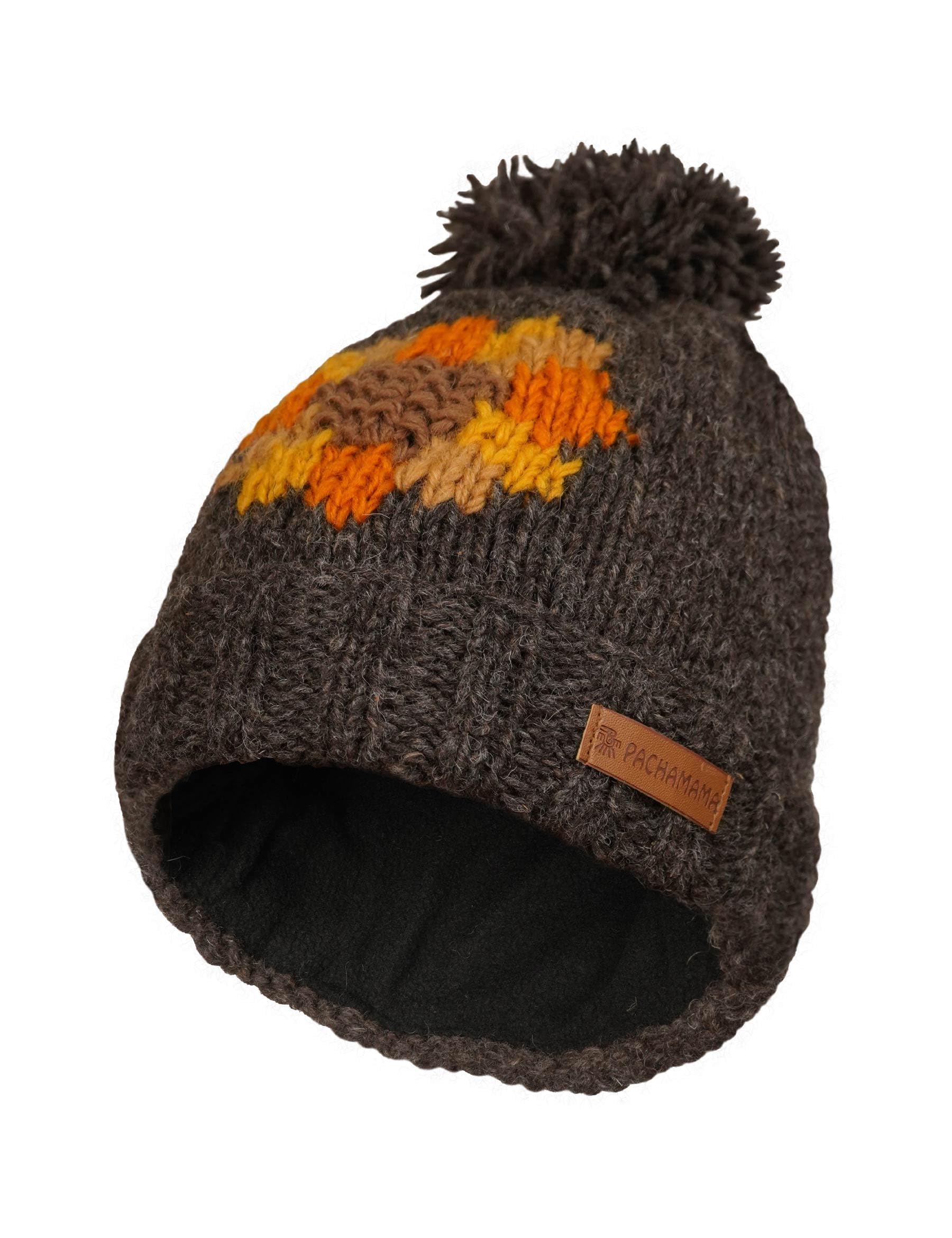 Pachamama Women Wool Beanie Bobble Hat Fleece Lined Roll Back Handknitted Sunflower Retro Multicoloured One-Size Handmade Extra Warm Fair Trade (UK, Alpha, One Size, Bark)