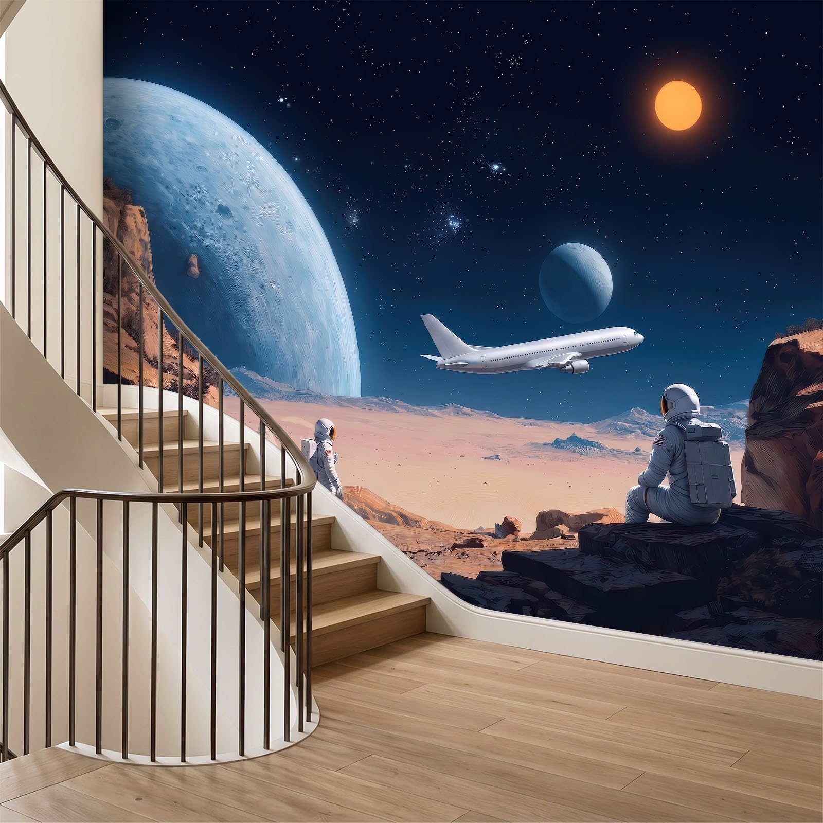Eksploracja kosmosu fototapeta 350 szer. x 256 cm wysokości, nowoczesna sci-fi skała astronauta samolot wodoodporna tapeta mural - brązowa sztuka ścienna do sypialni przedszkola kominka salonu