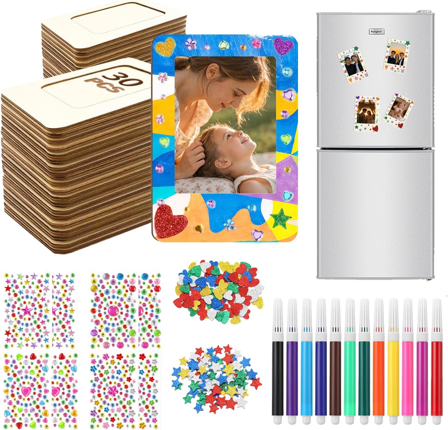 30 Pack Magnetic Wooden Picture Frames for Crafts, Mini Unfinished Wooden Photo Frames with Pencils & Stickers, DIY Crafts Magnetic Frames for Refrigerator Decor