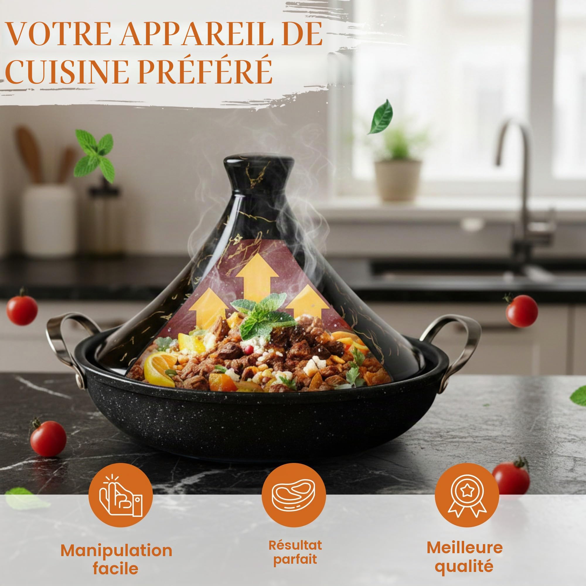 Tajine Royal Swiss 38 cm – Acier inoxydable, revêtement antiadhésif, couvercle porcelaine – Toutes sources de chaleur, induction, gaz, électrique – Cuisine saine (Noir, 38 cm)