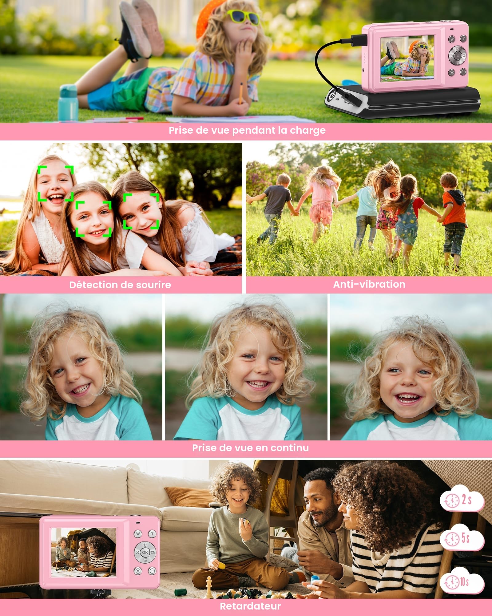 Appareil Photo Numérique 1080P Appareil Photo 44 MP Appareil Photo Compact Portable avec Écran LCD 2,4", Zoom Numérique 16X, Carte Mémoire Micro 32 G, 1 Batterie pour Adolescents, Étudiants-Rose