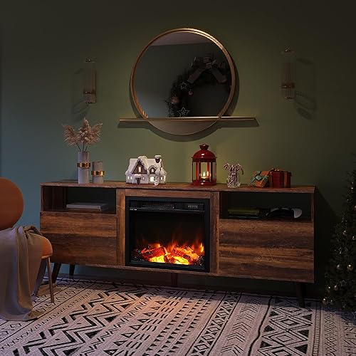 Miniatura 8 de WLIVE Soporte de TV con chimenea para TV de 65 pulgadas, moderno centro de entretenimiento de mediados de siglo con chimenea eléctrica de 18