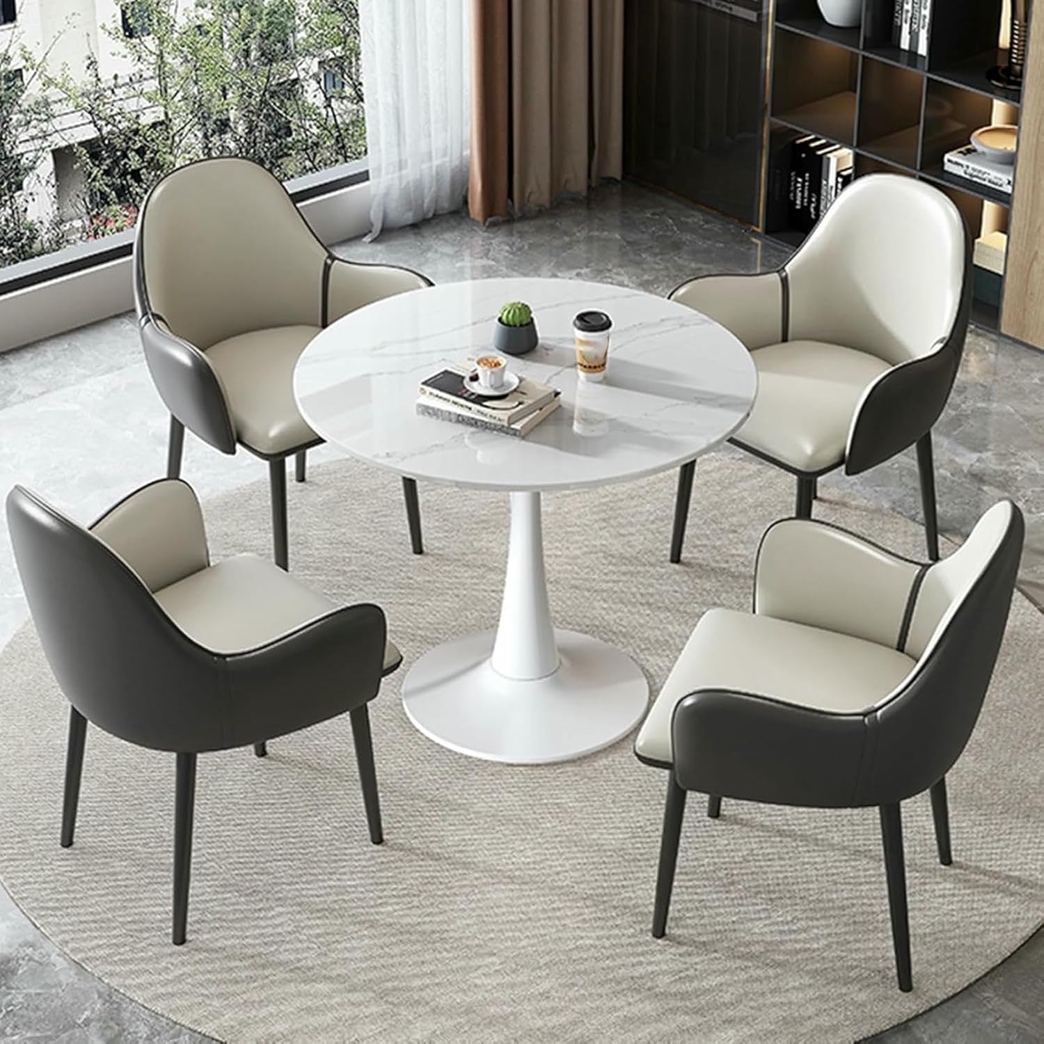 Office Reception Room Club Table and Chair Set, Boardroom Desk, Coffee Shop Leisure Table PU Leather Chair Metal Legs Office Lounge Dining Kitchen