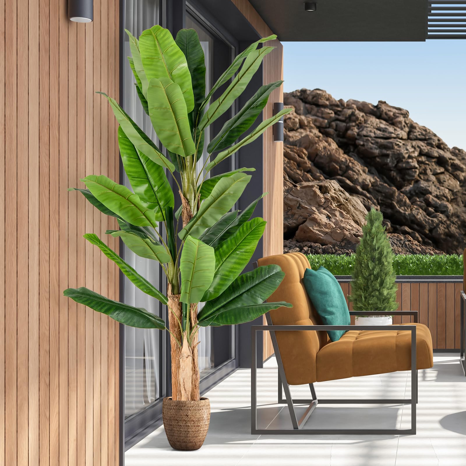 GIANTEX Plante Artificielle Intérieur, Fausse Plante Bananier 195 CM en Pot avec Ciment, 3 Tiges Réalistes & 27 Grandes Feuilles, Arbre Artificiel Intérieur Extérieur Maison Jardin Bureau